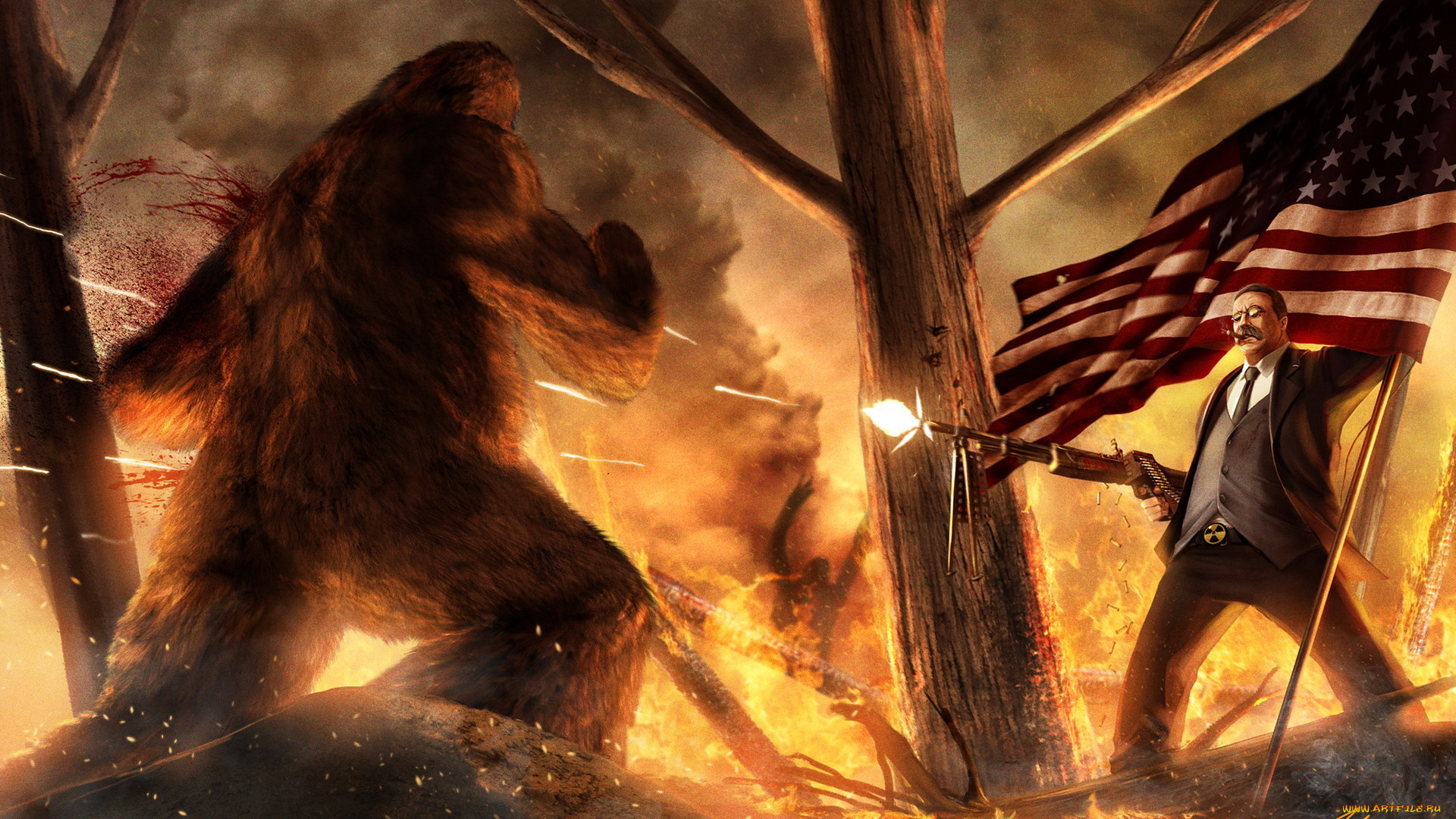 фэнтези, существа, снежный, мужчина, человек, пулемет, американский, флаг