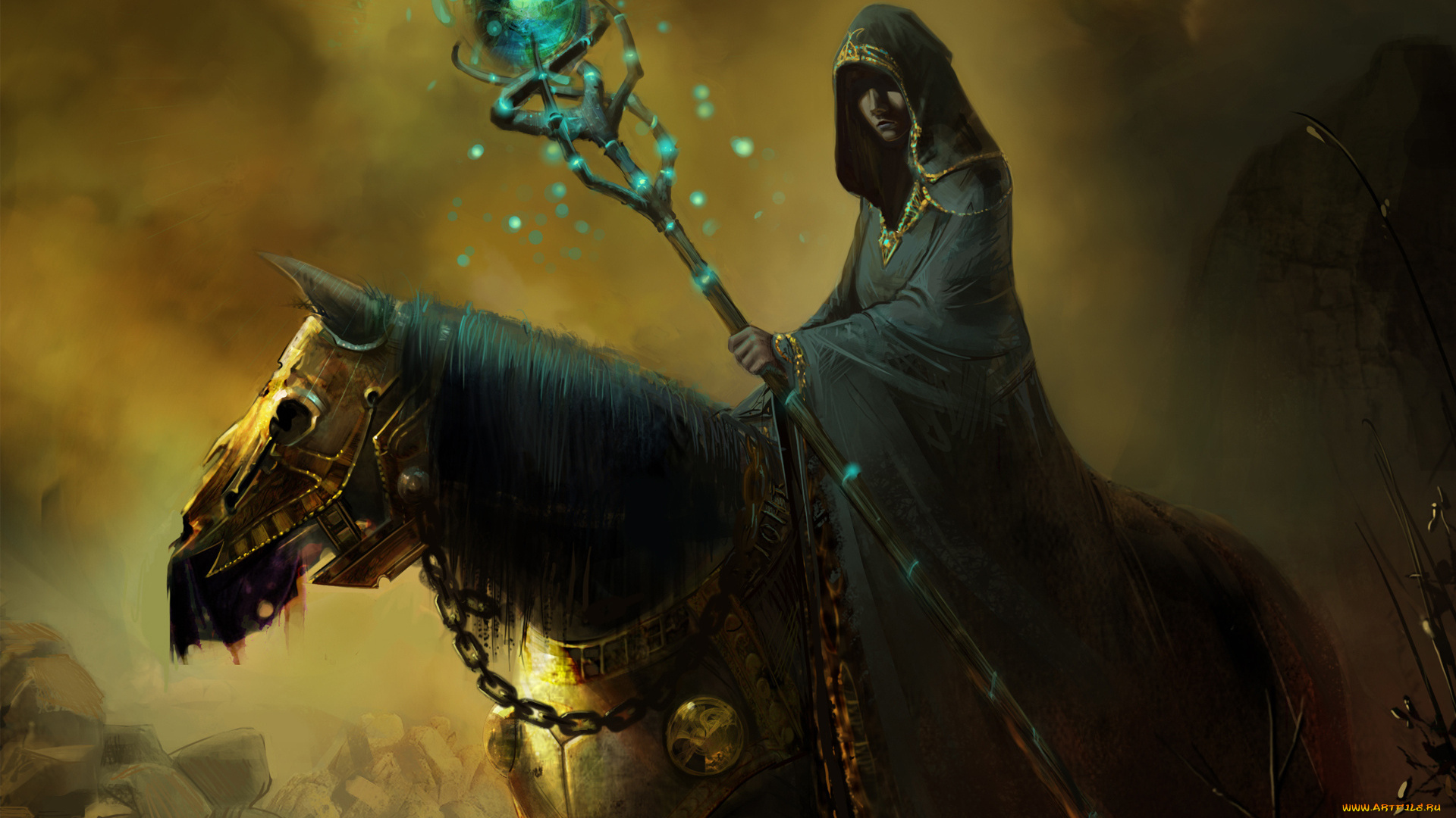 фэнтези, всадники, , наездники, человек, лошадь, посох, маг