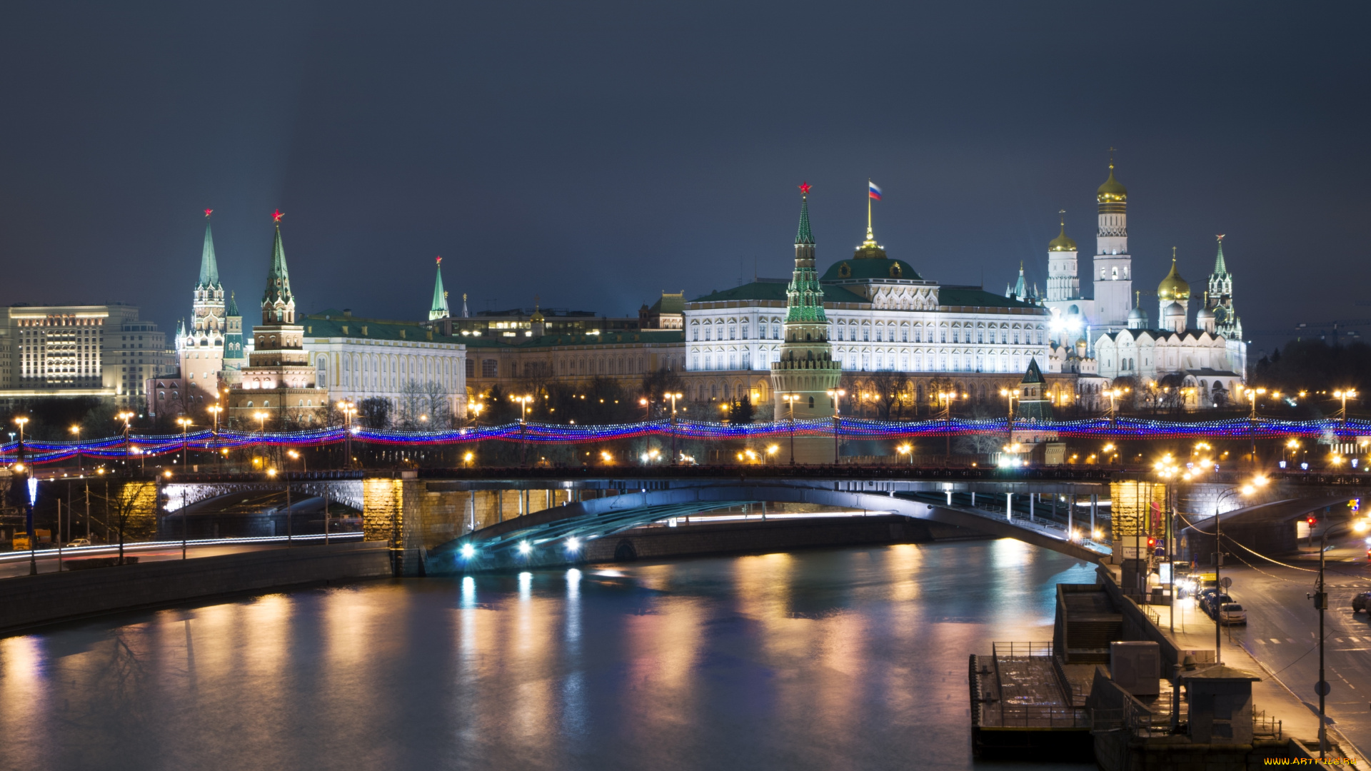 города, москва, , россия, река, ночь