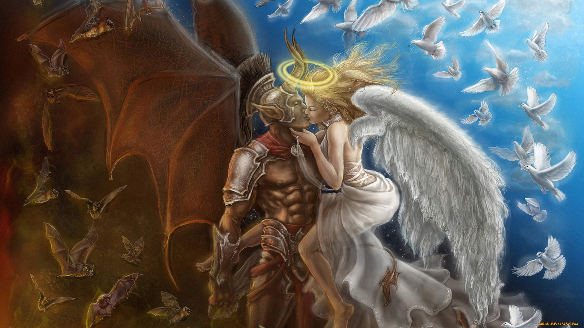 рисованные, живопись, мужчина, женщина, птички