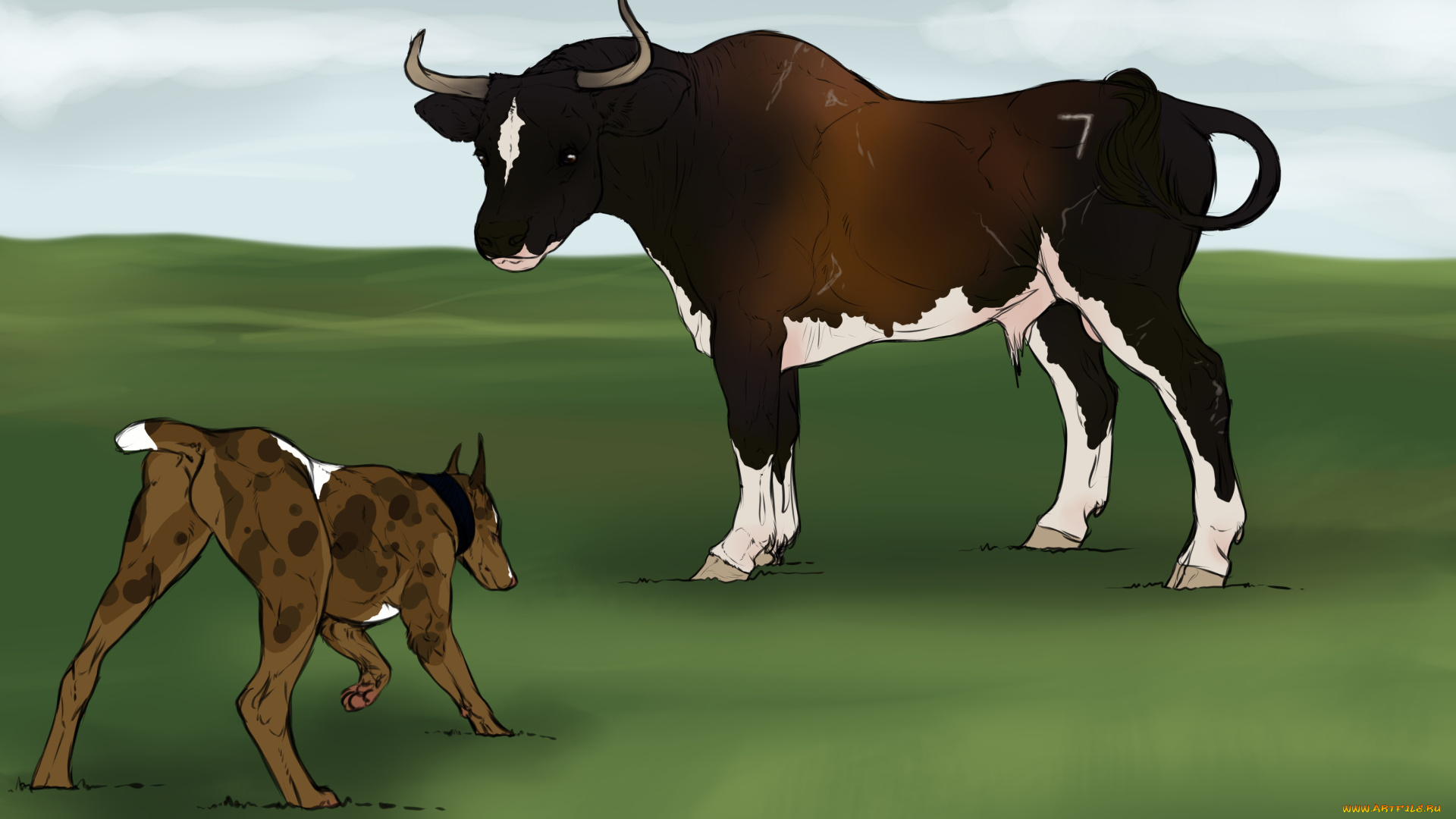 рисованные, животные, корова, собака