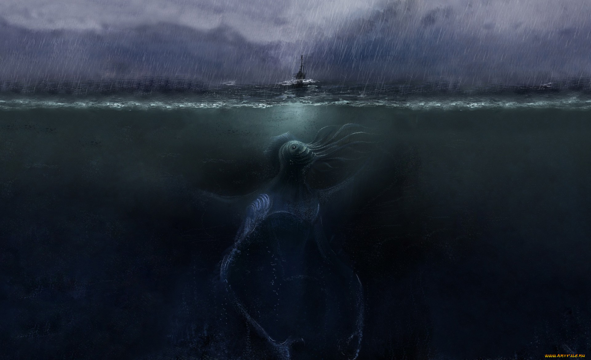 фэнтези, существа, ктулху, море, чудовище, монстр, ливень, корабль, глубина