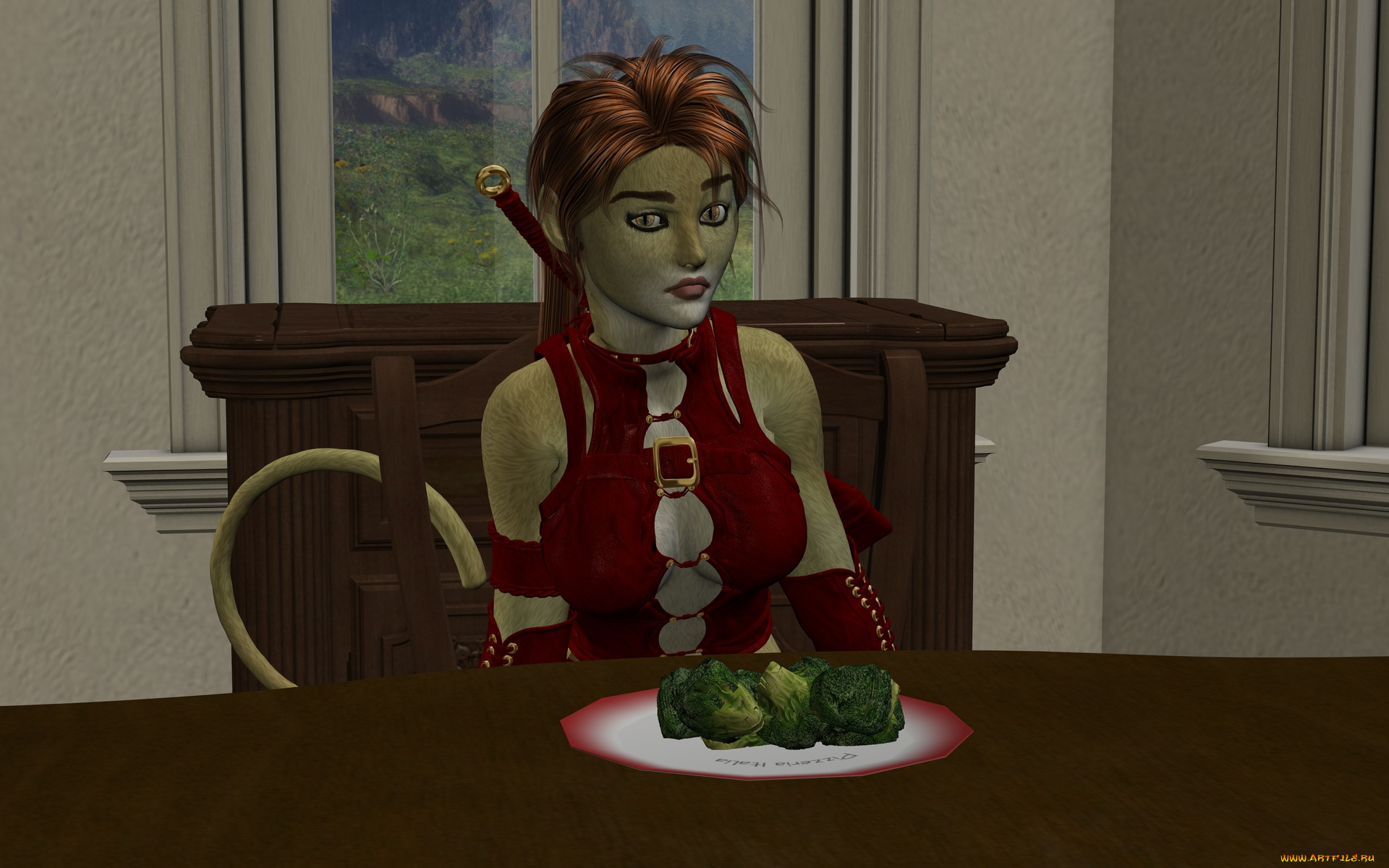 3д, графика, fantasy, , фантазия, девушка, кошка, комната, стол