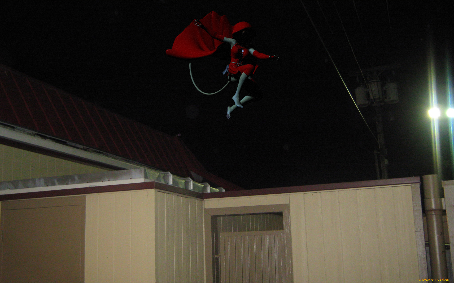 3д, графика, fantasy, , фантазия, девушка, кошка, плащ, дом, полет, ночь