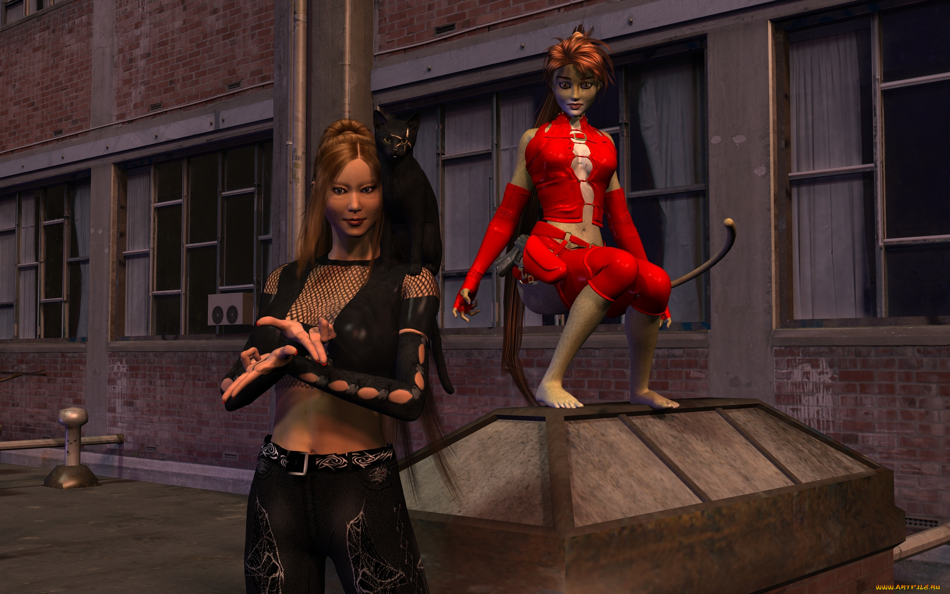 3д, графика, fantasy, , фантазия, девушка, кошка, дом