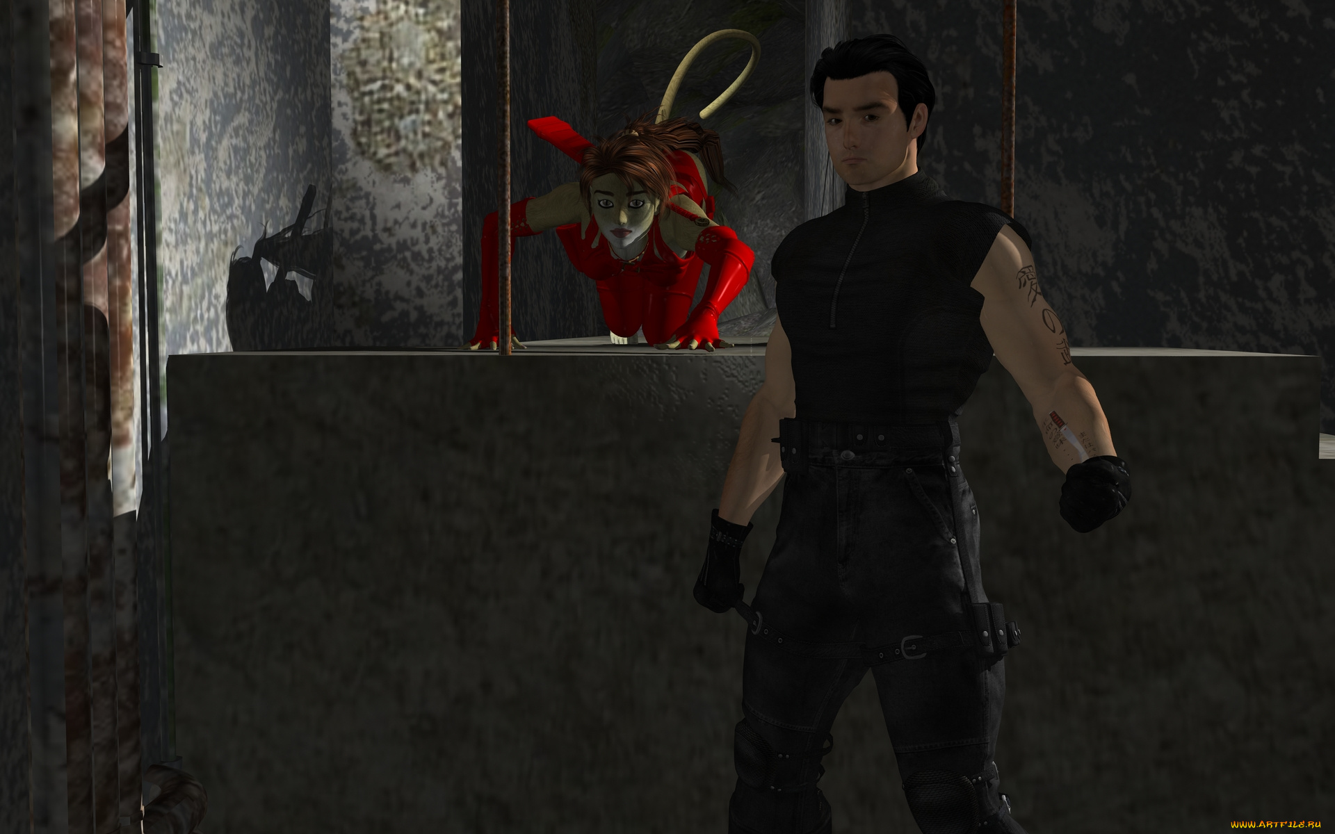 3д, графика, fantasy, , фантазия, девушка, кошка, окно, мужчина