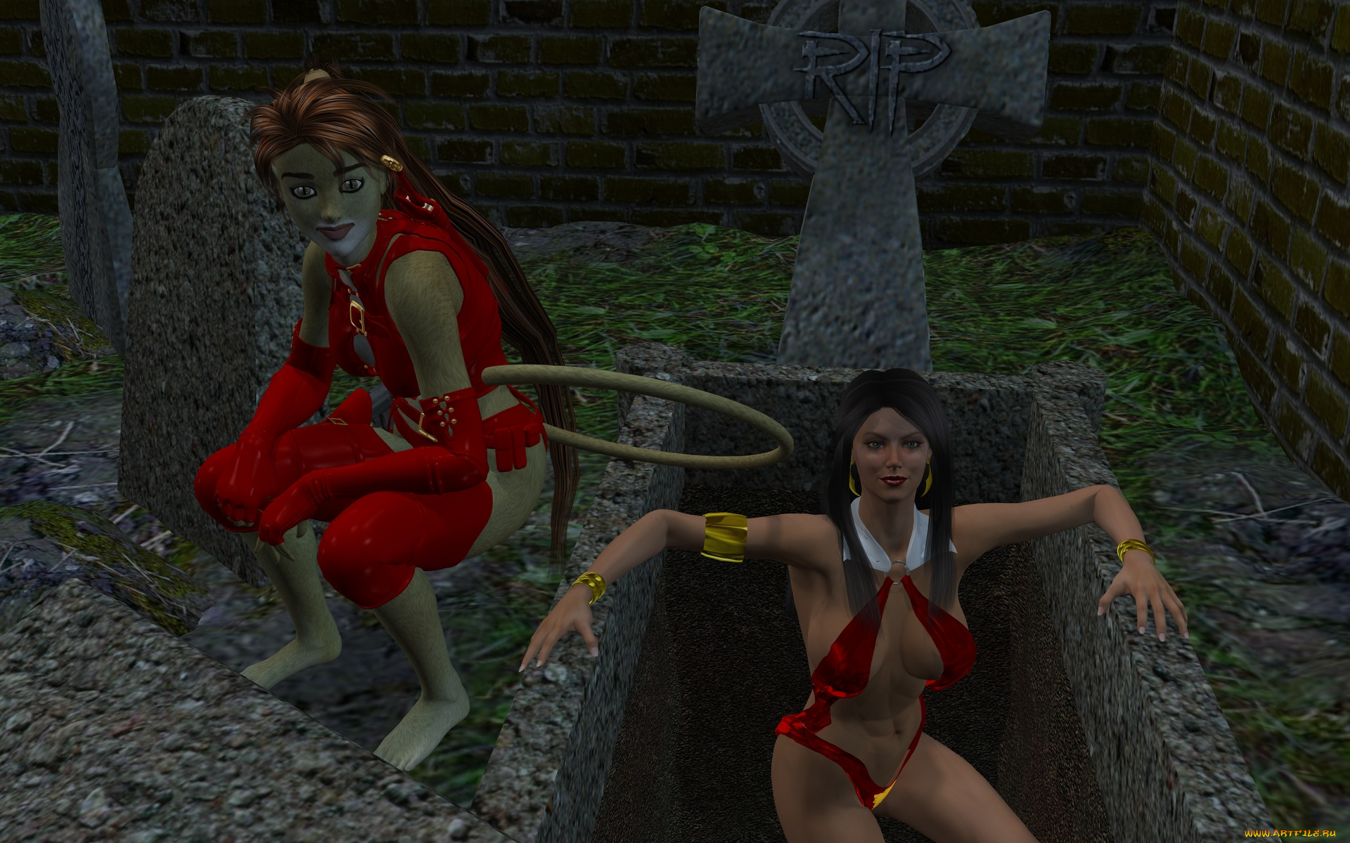 3д, графика, fantasy, , фантазия, девушка, могила, кладбище, кошка