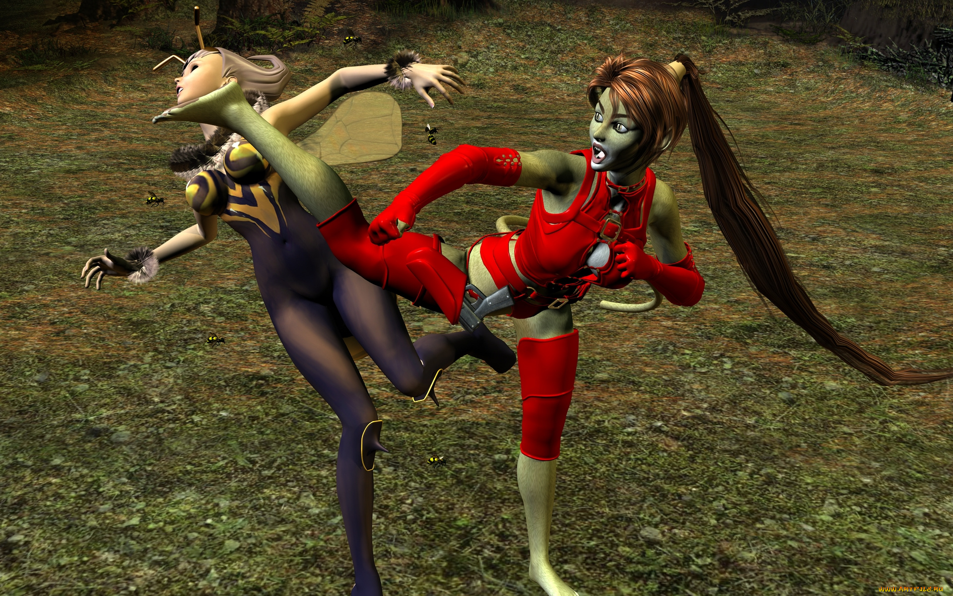 3д, графика, fantasy, , фантазия, драка, девушка, кошка