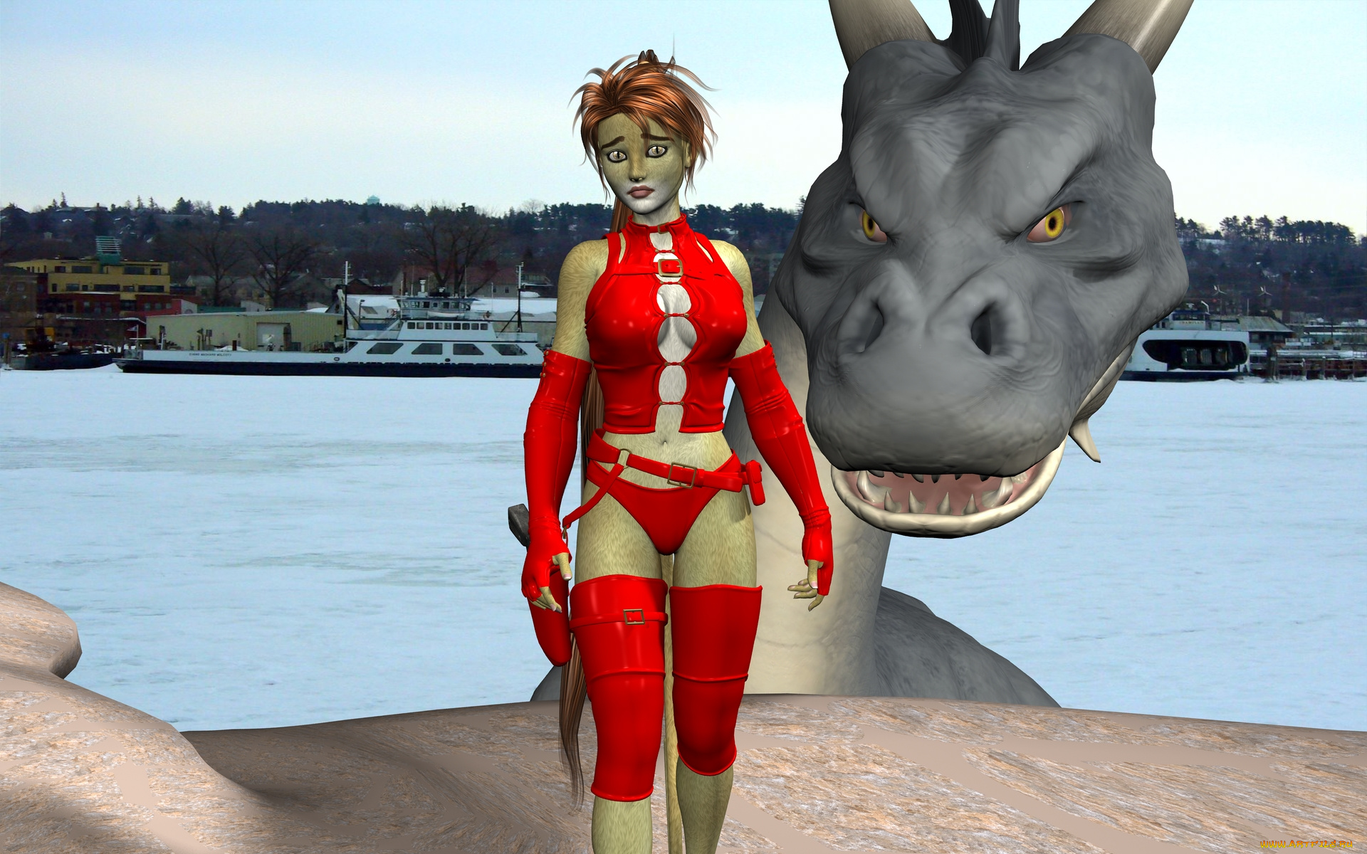 3д, графика, fantasy, , фантазия, дракон, девушка, кошка