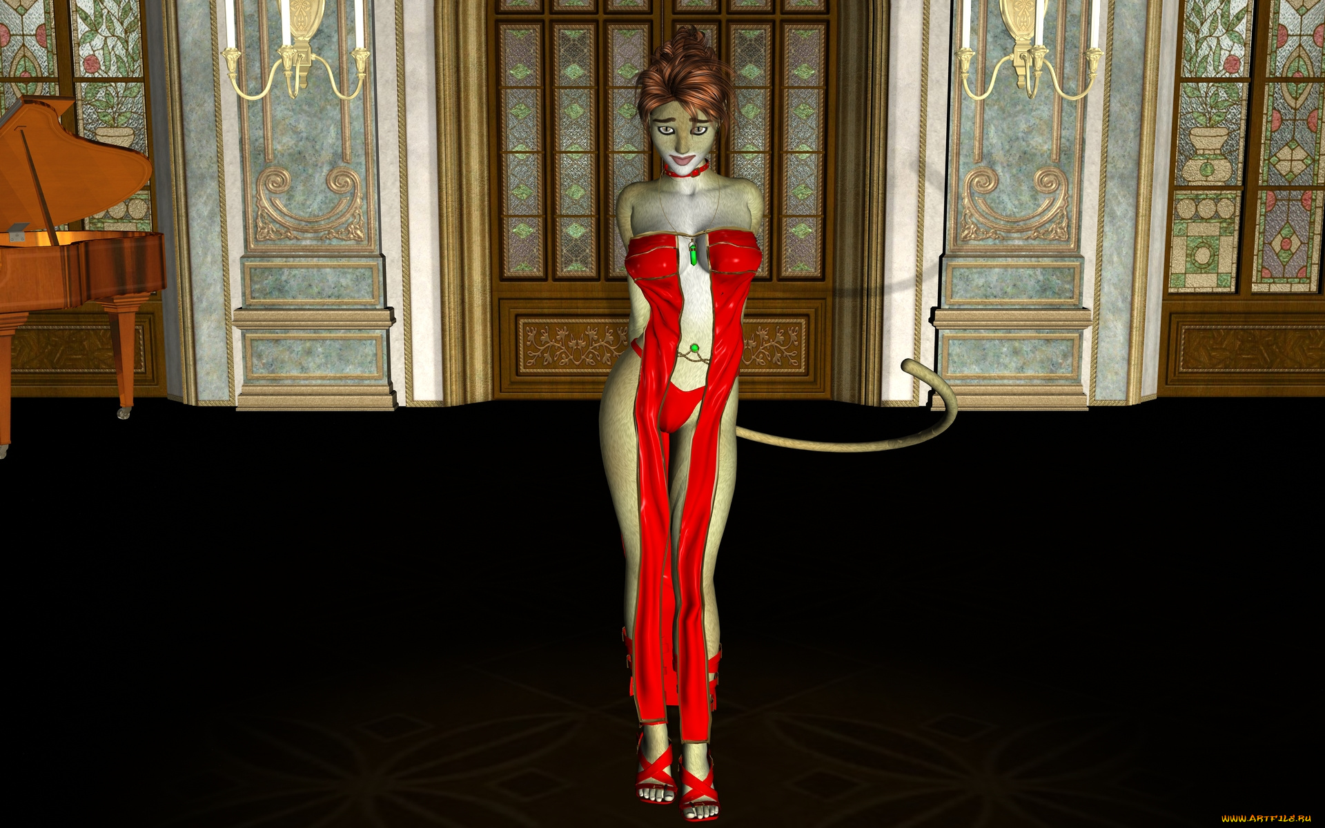 3д, графика, fantasy, , фантазия, комната, девушка, кошка