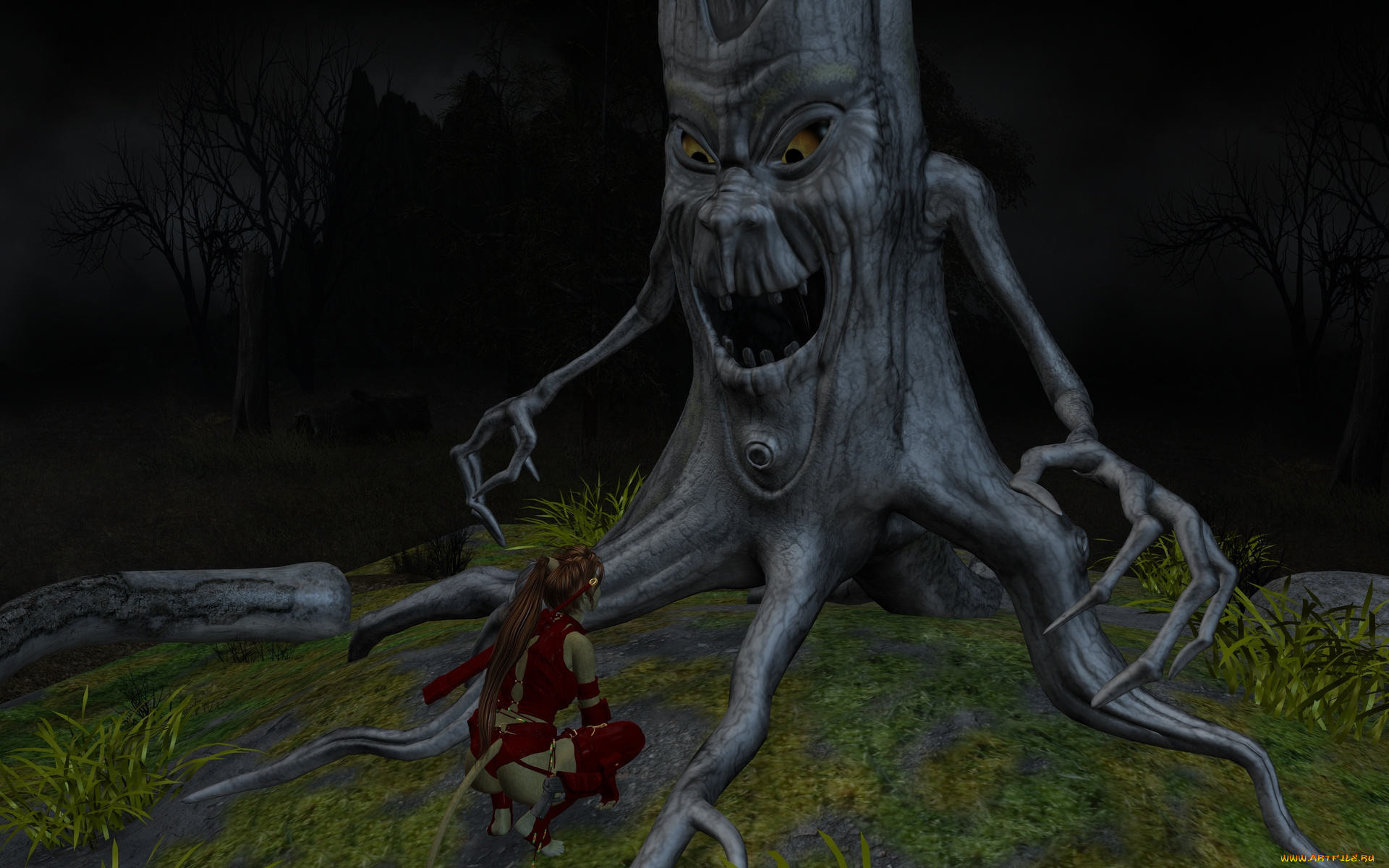 3д, графика, fantasy, , фантазия, коряга, девушка, кошка