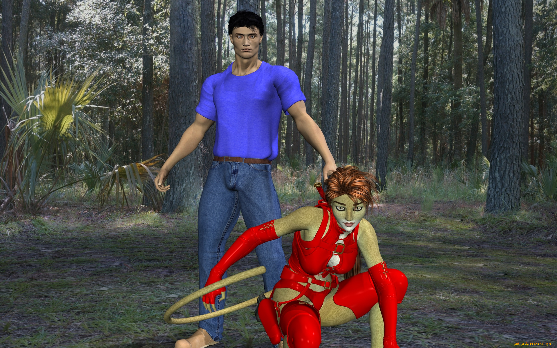 3д, графика, fantasy, , фантазия, лес, мужчина, девушка, кошка