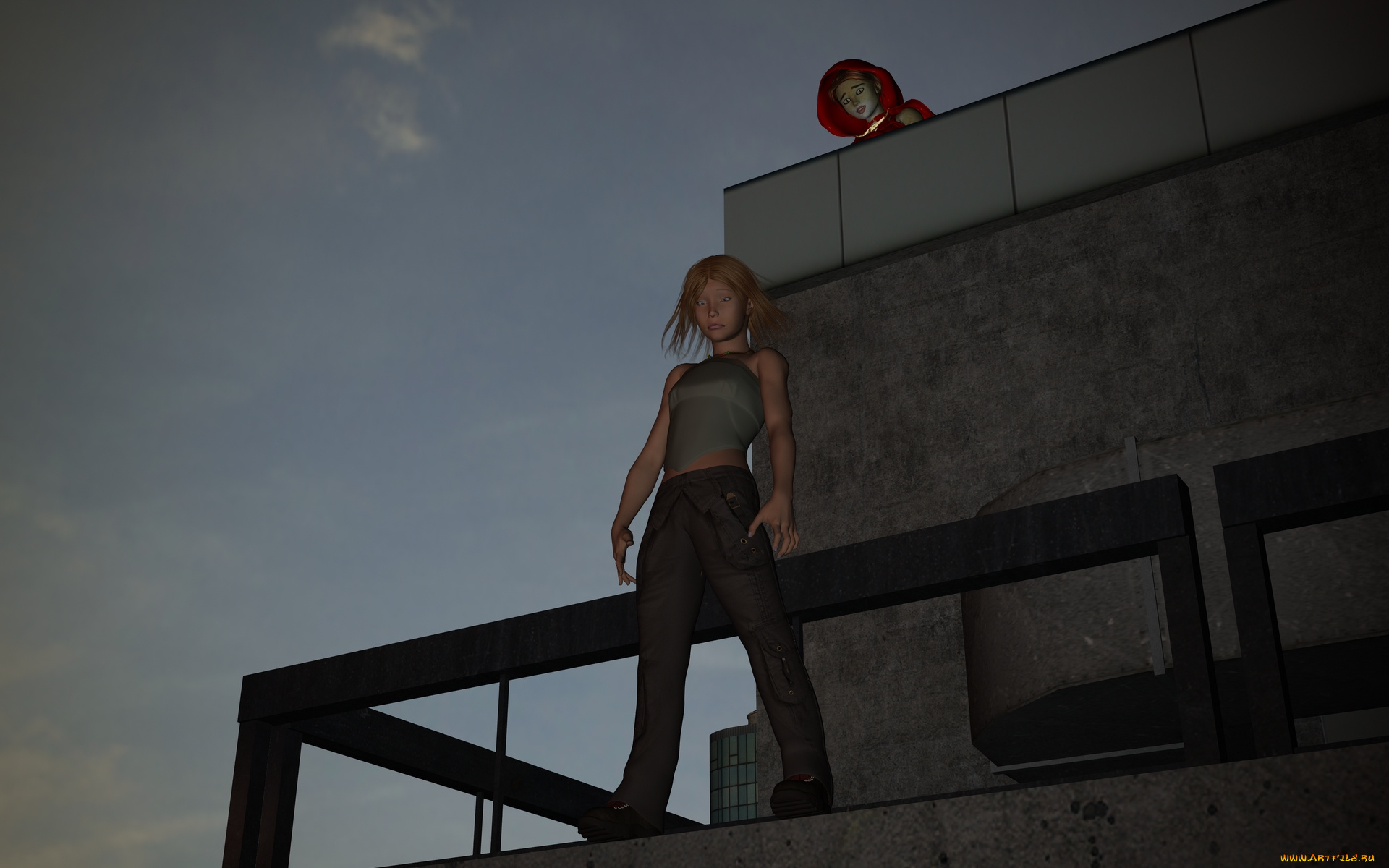 3д, графика, fantasy, , фантазия, ночь, девушка, балкон, кошка