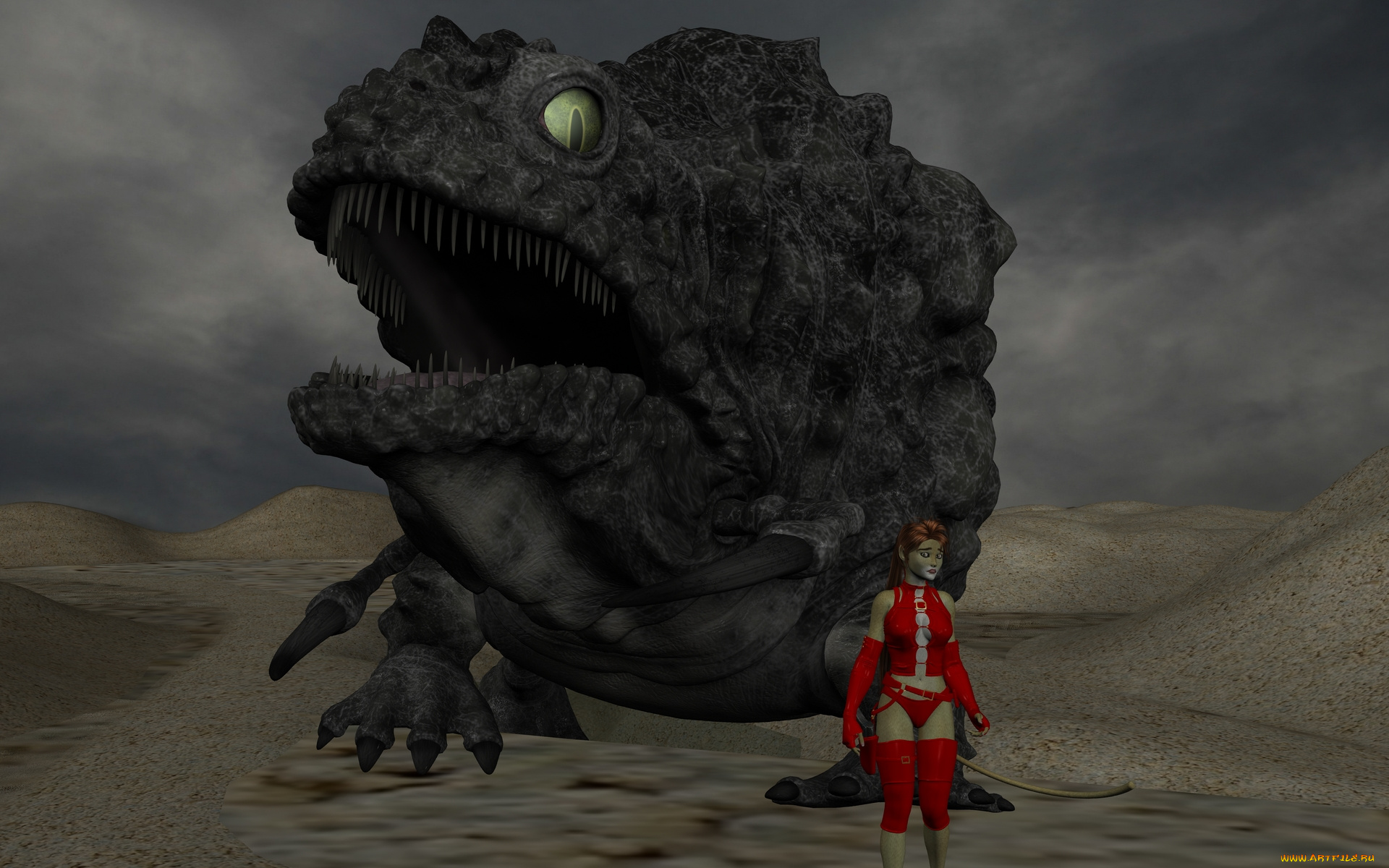 3д, графика, fantasy, , фантазия, песок, девушка, кошка, ящер