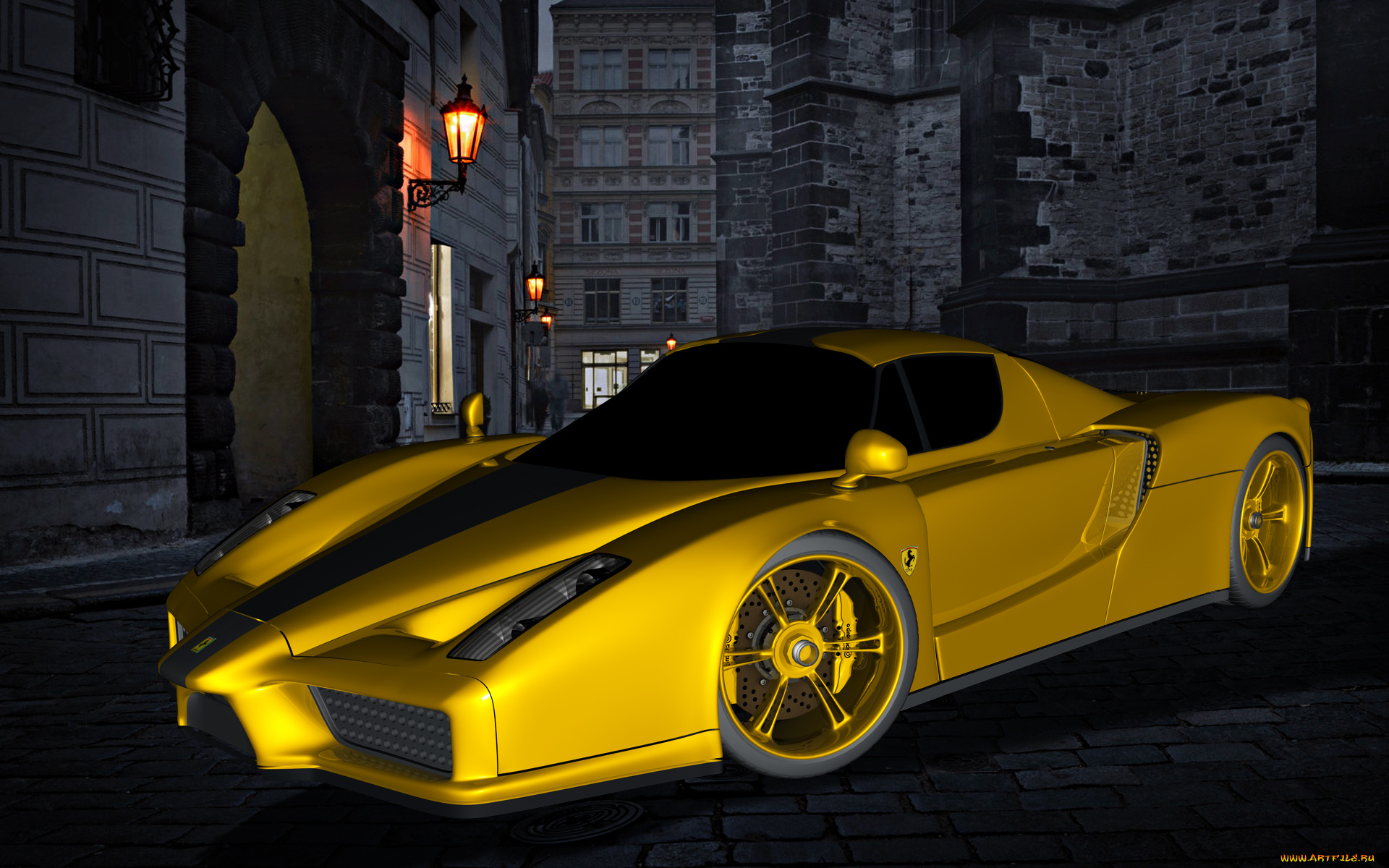 автомобили, 3д, город, ночь, дома, желтый