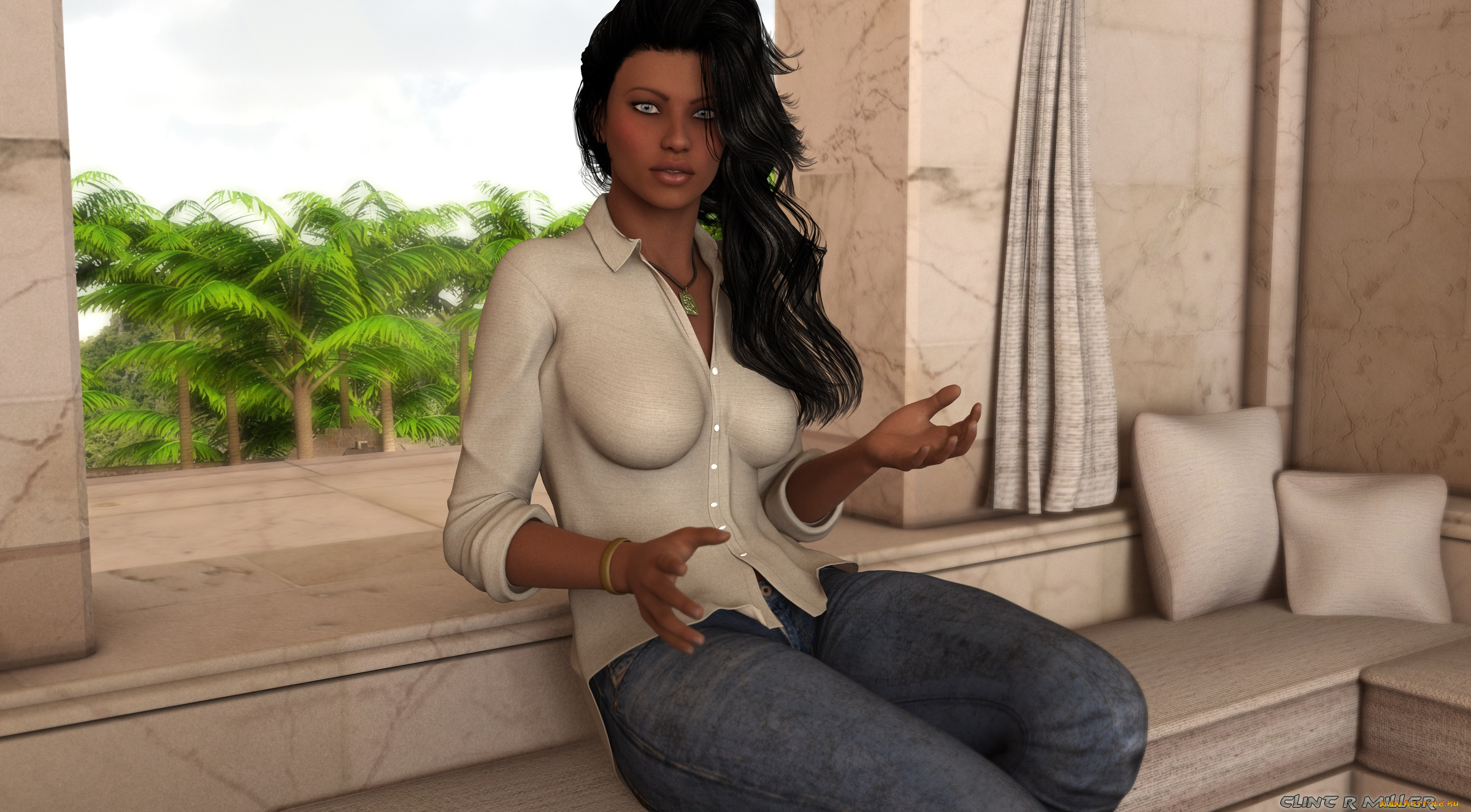 3д, графика, people, , люди, девушка, подушки, штора, окно, взгляд