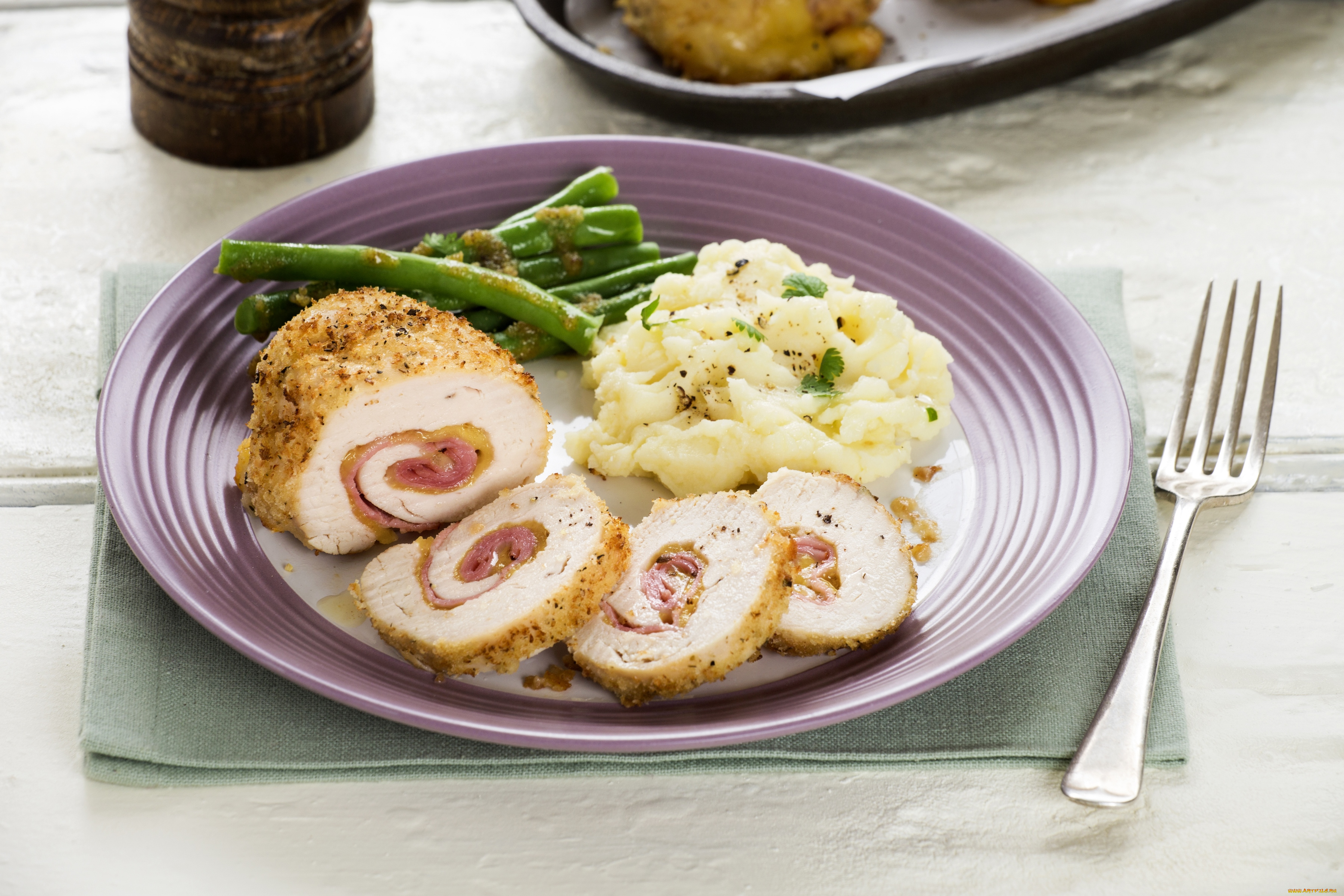 еда, разное, мясной, рулет, спаржа, пюре