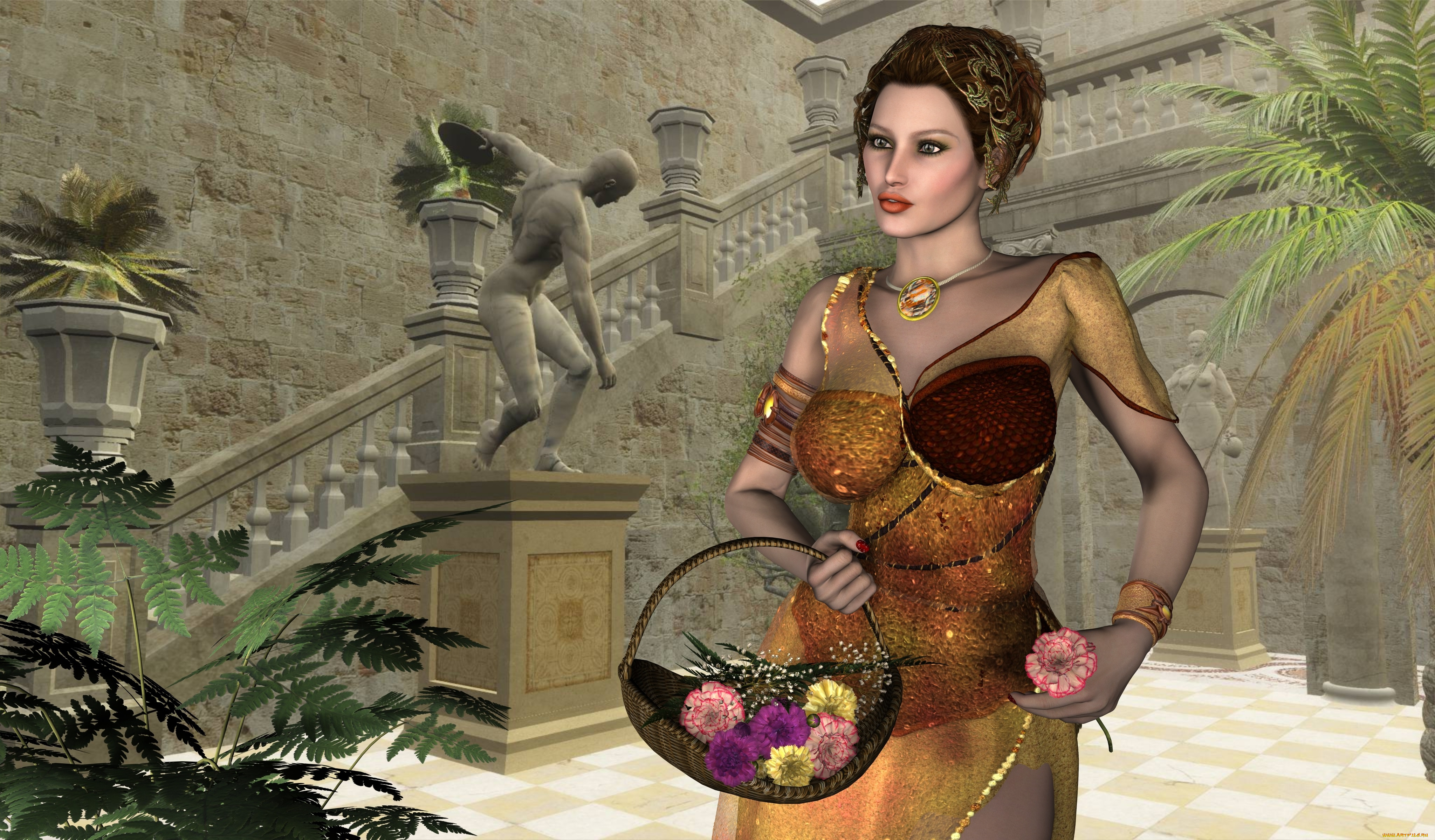 3д, графика, people, , люди, лесница, цветы, корзина, девушка