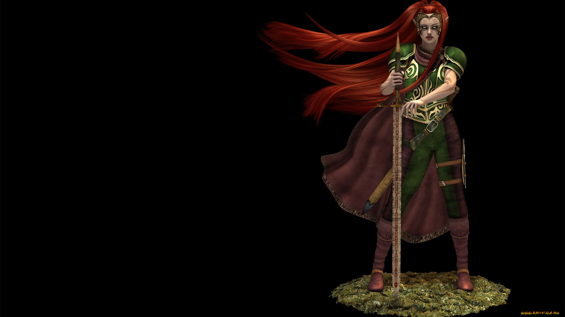 3д, графика, эльфы, , elves, фон, меч, эльфийка, взгляд