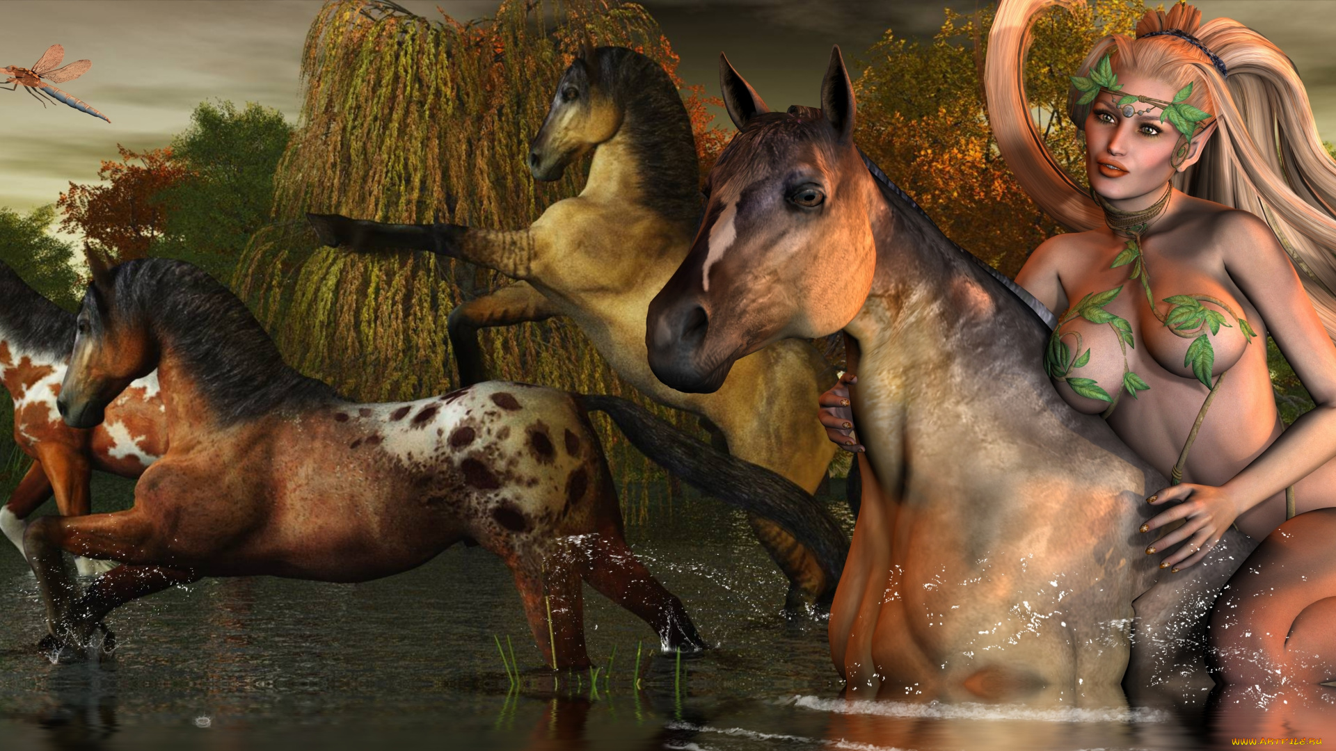 3д, графика, эльфы, , elves, фон, вода, взгляд, эльфийка, растения, стрекозы, кони