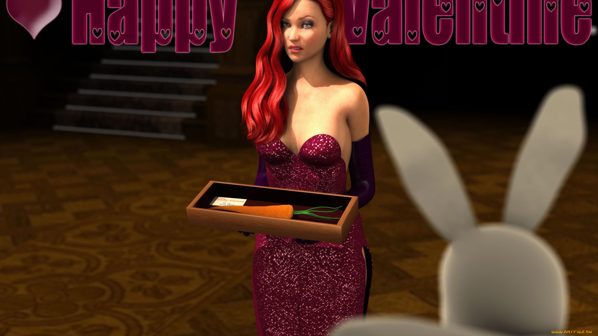 3д, графика, праздники, , holidays, морковка, фон, взгляд, девушка