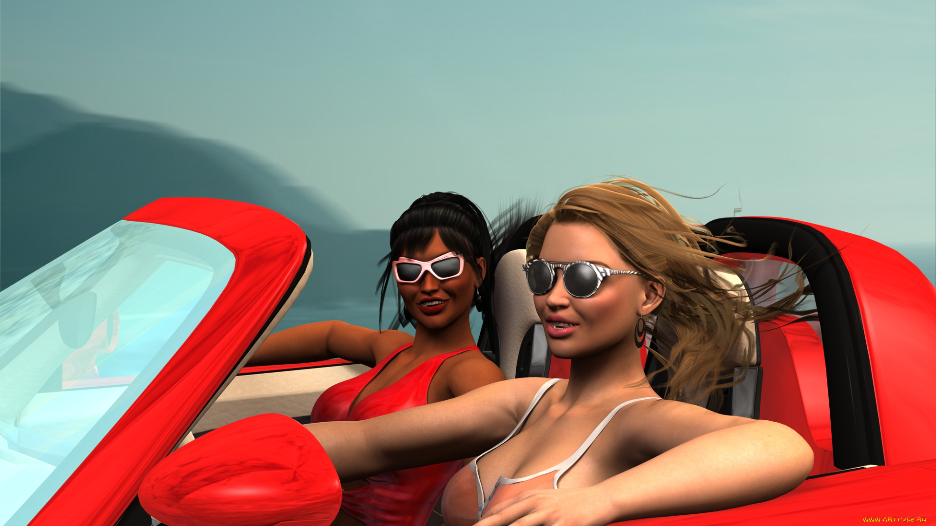 автомобили, 3d, car&girl, девушки, взгляд, фон, автомобиль