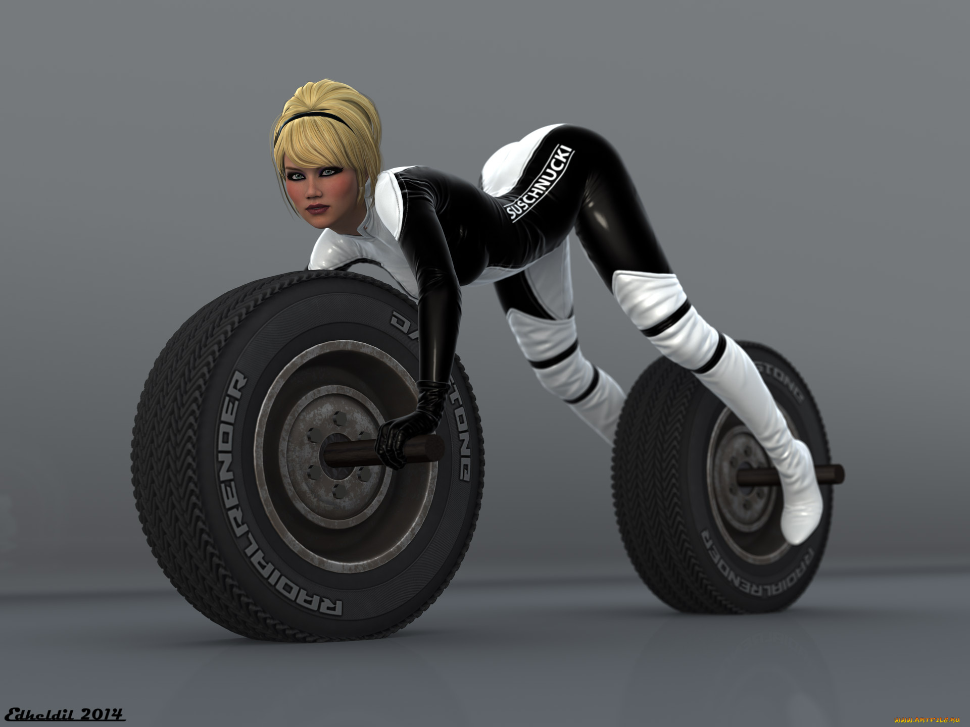 3д, графика, юмор, , humor, колеса, фон, взгляд, девушка