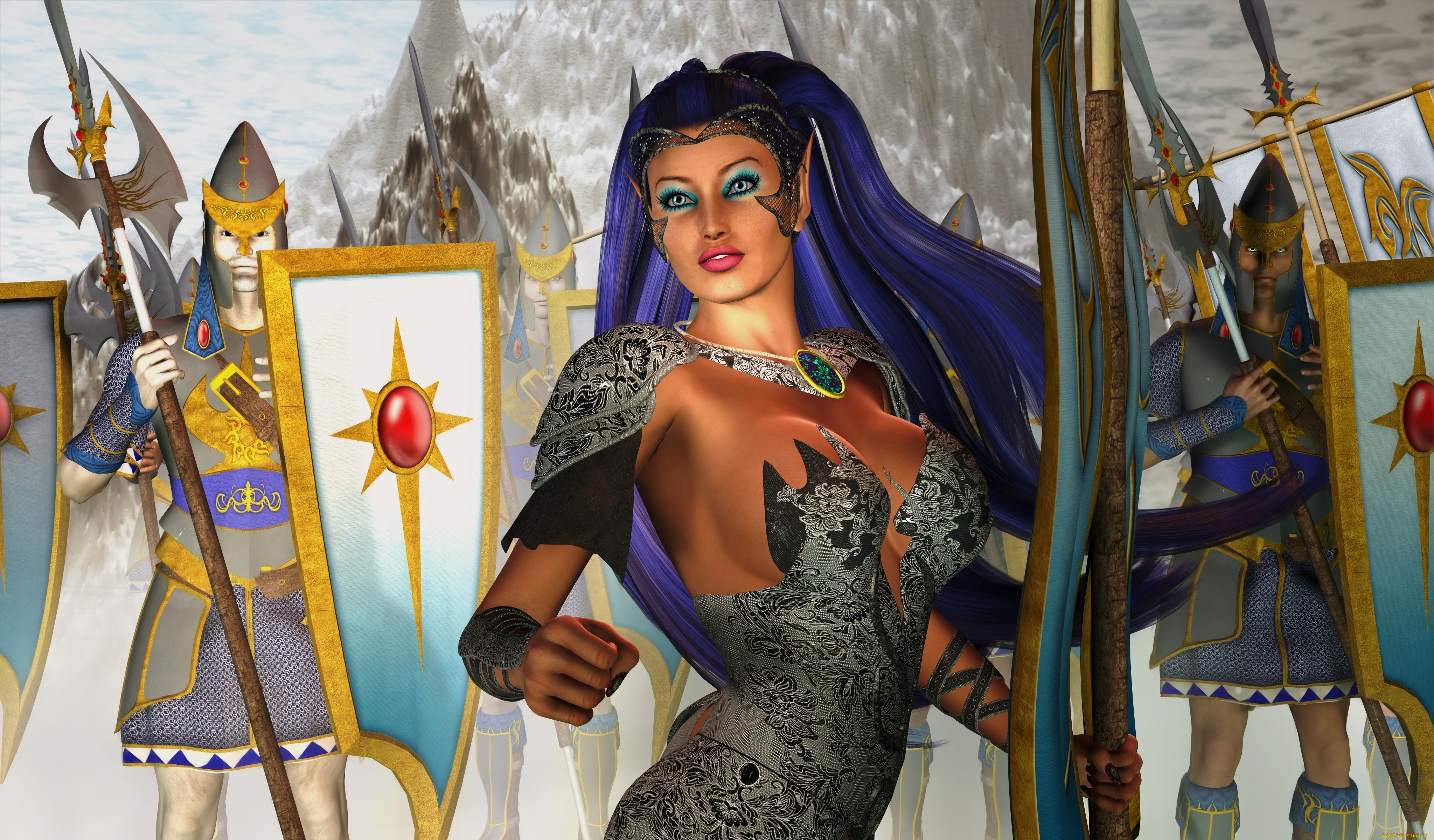 3д, графика, эльфы, , elves, воины, эльфийка, оружие, фон, взгляд