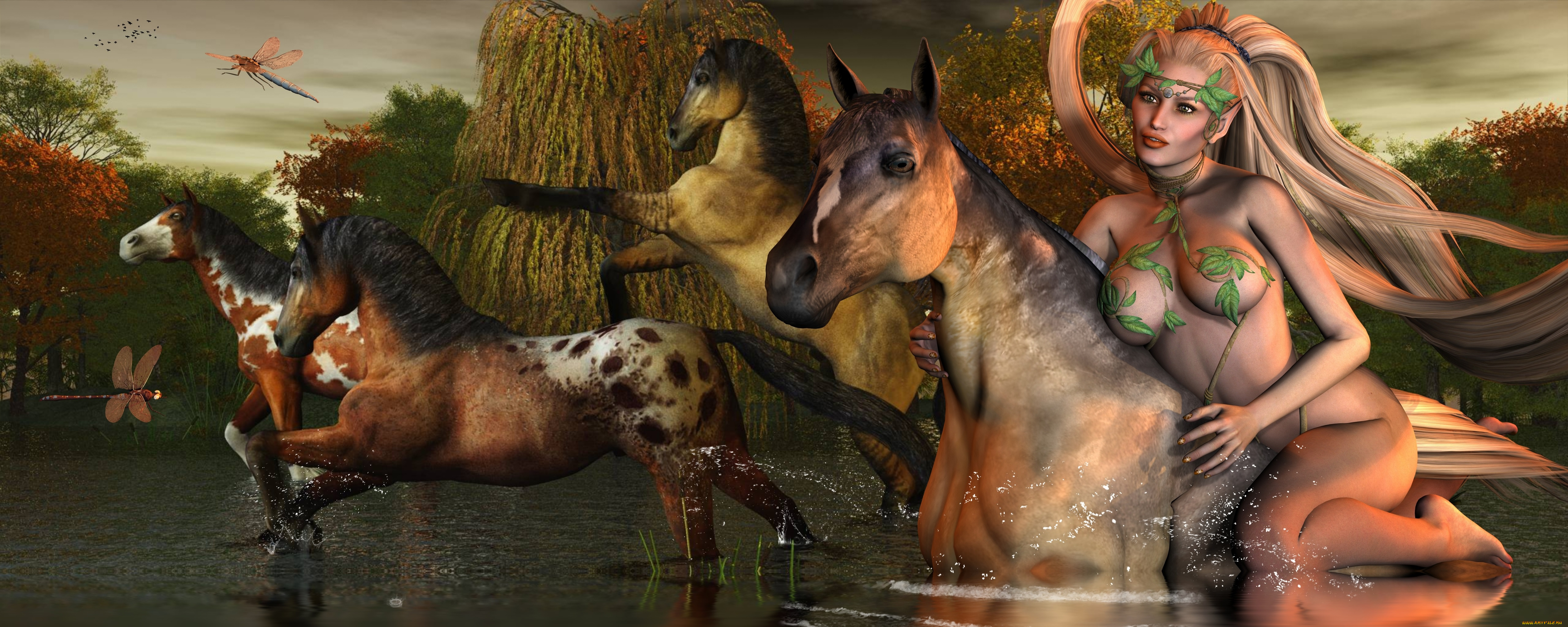 3д, графика, эльфы, , elves, фон, вода, взгляд, эльфийка, растения, стрекозы, кони