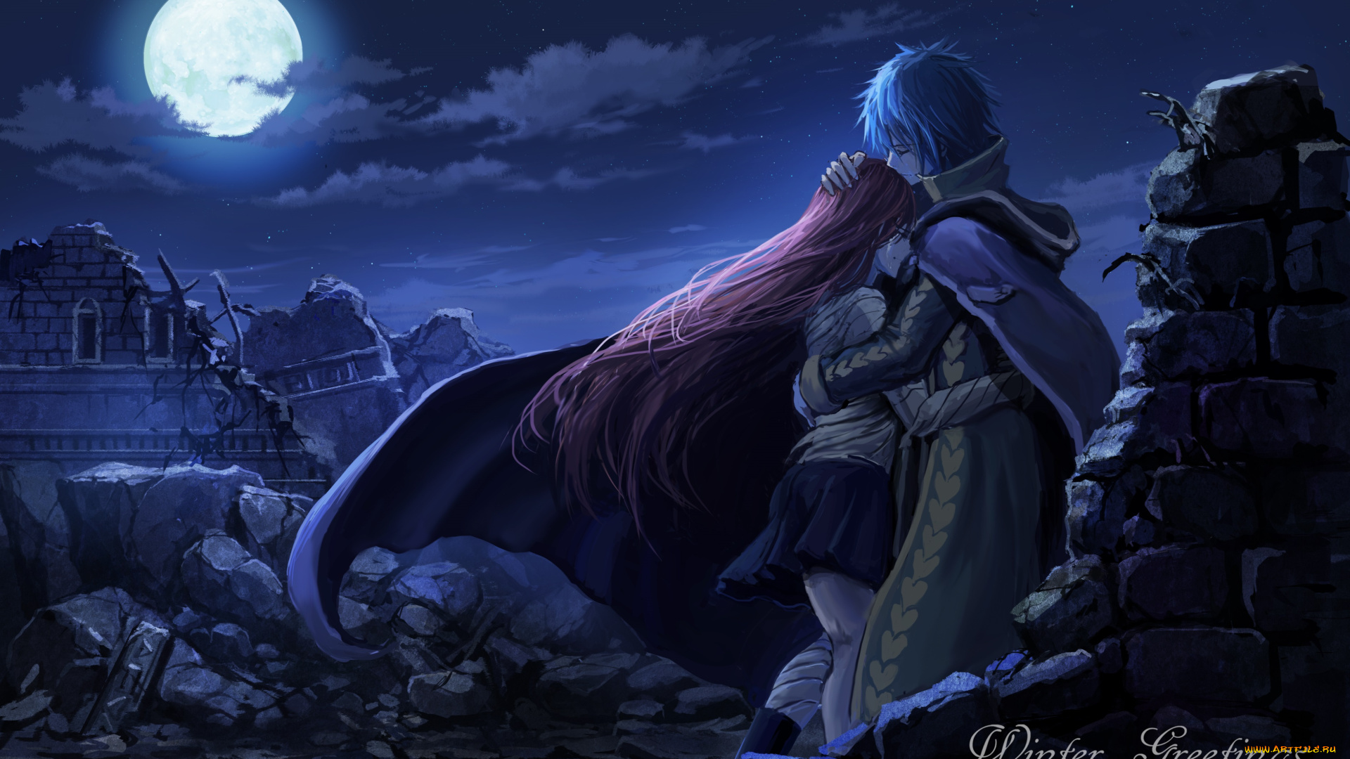 автор, , natuchobi, аниме, fairy, tail, девушка, пара, ночь, jellal, fernandes, объятия, луна, руины, парень, natuchobi, erza, scarlet, fairy, tail