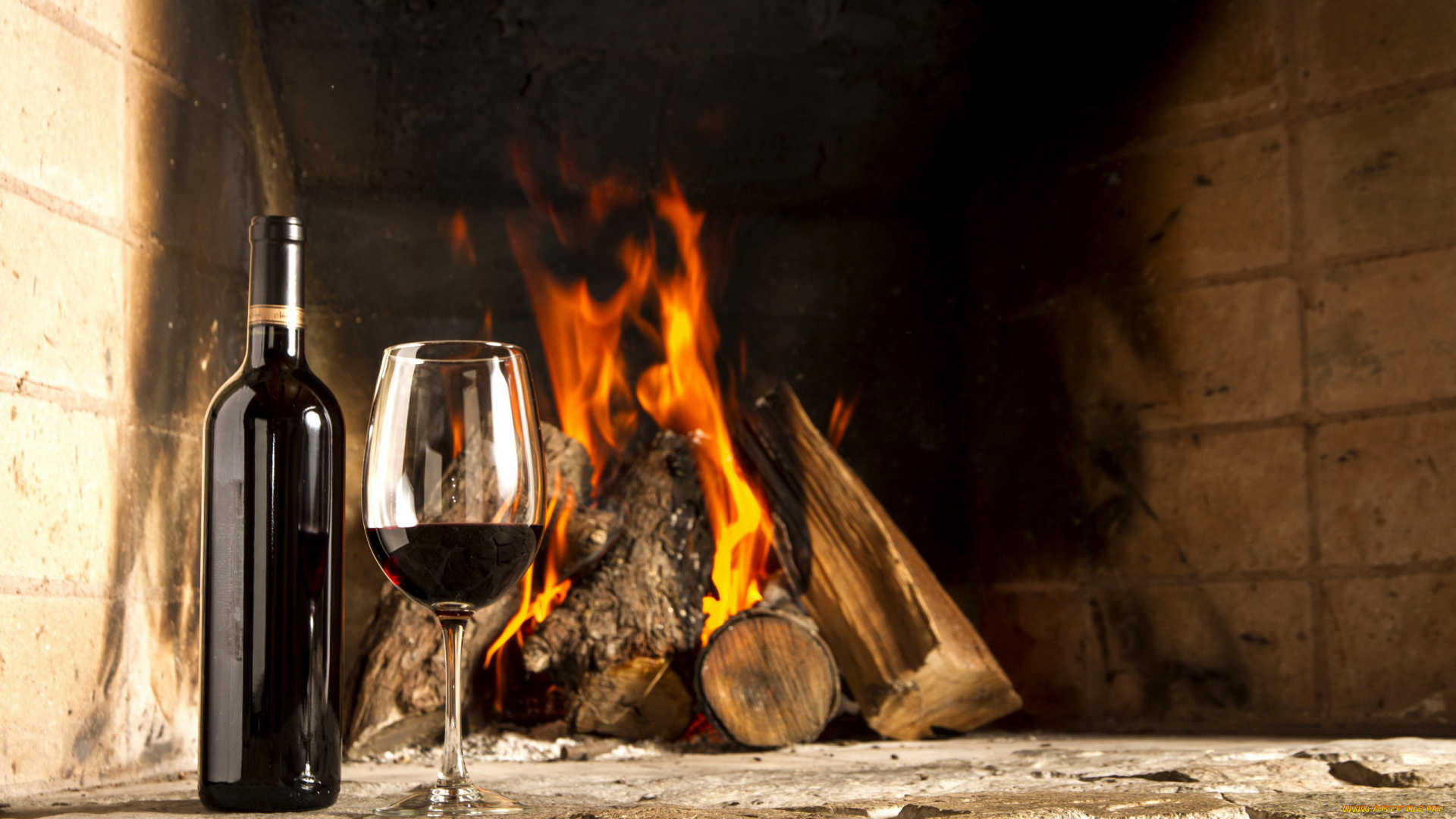 еда, напитки, , вино, камин, бутылка, огонь, дрова, бокал, красное, вино