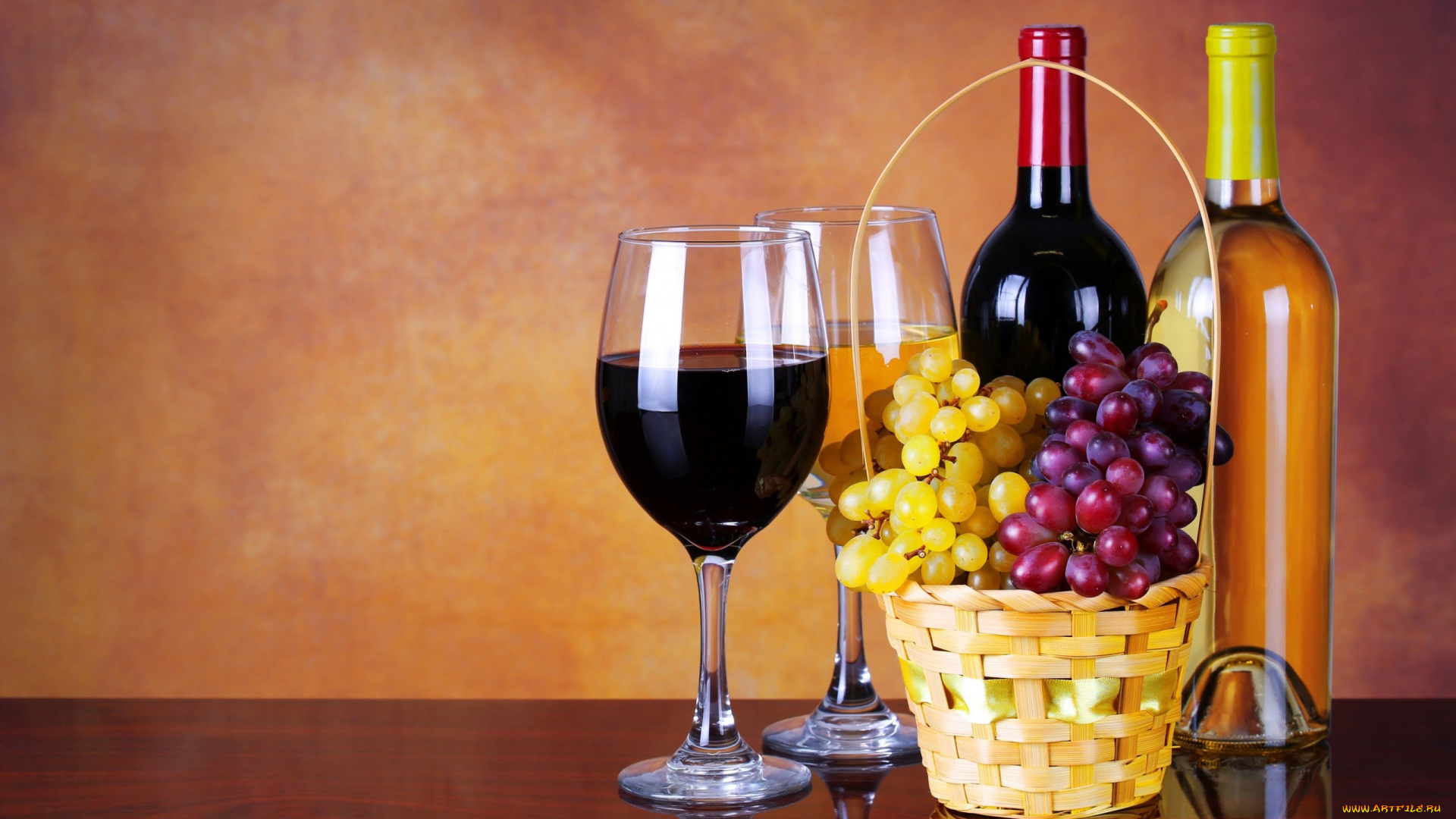 еда, напитки, , вино, красное, виноград, корзинка, бутылки, белое, бокалы, вино