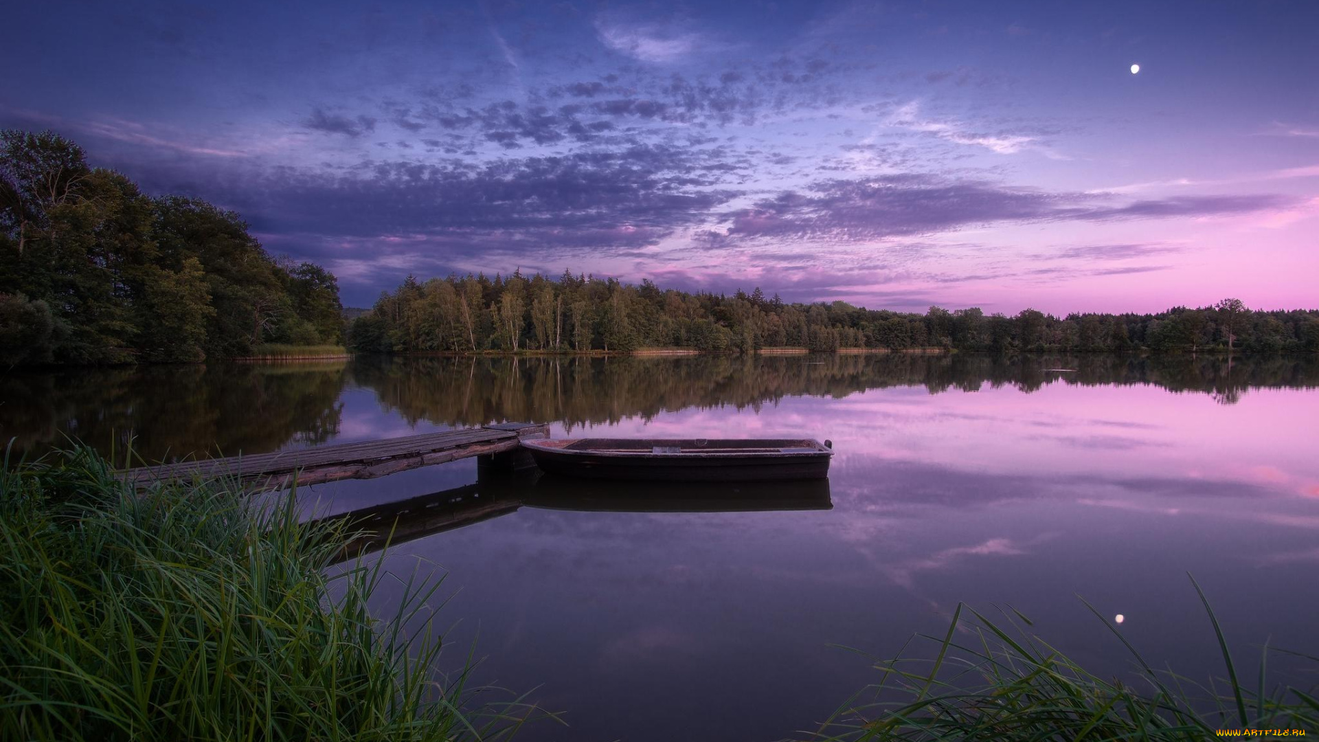 корабли, лодки, , шлюпки, лес, закат, мостик, озеро, лодка
