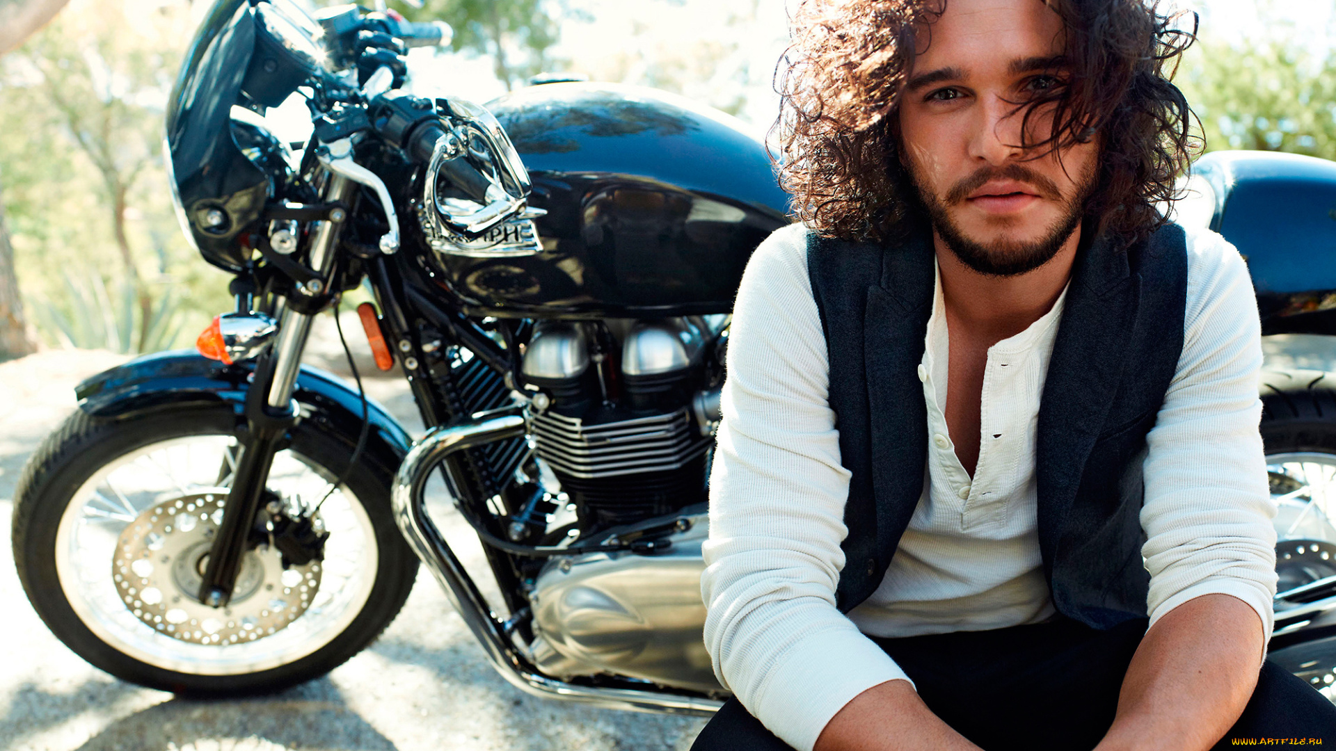 мужчины, kit, harington, кудряшки, мотоцикл