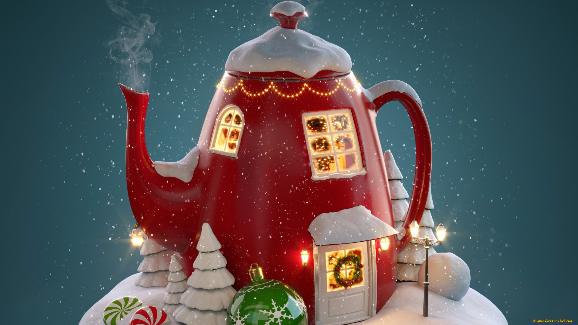 праздничные, 3д, графика, , новый, год, чайник