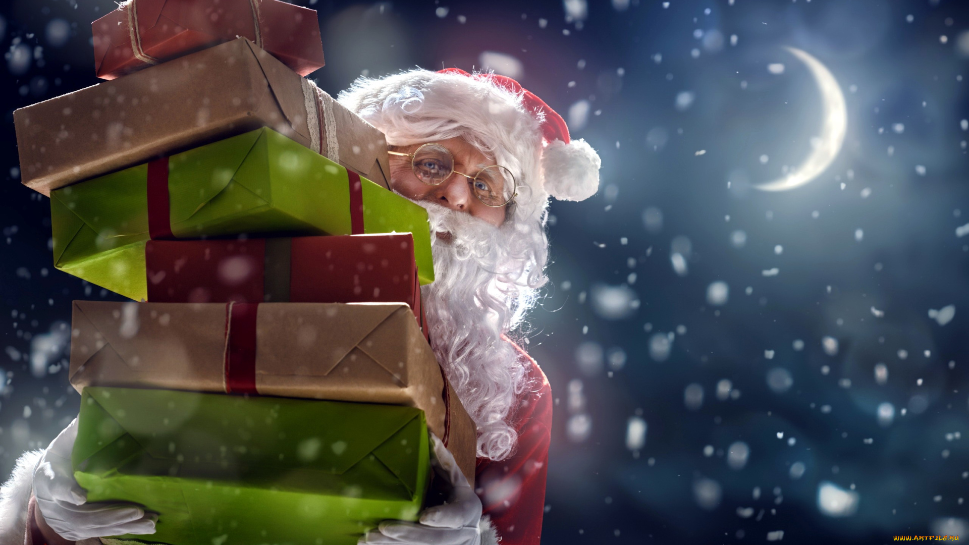 праздничные, дед, мороз, , санта, клаус, снег, подарки, коробки, луна, санта