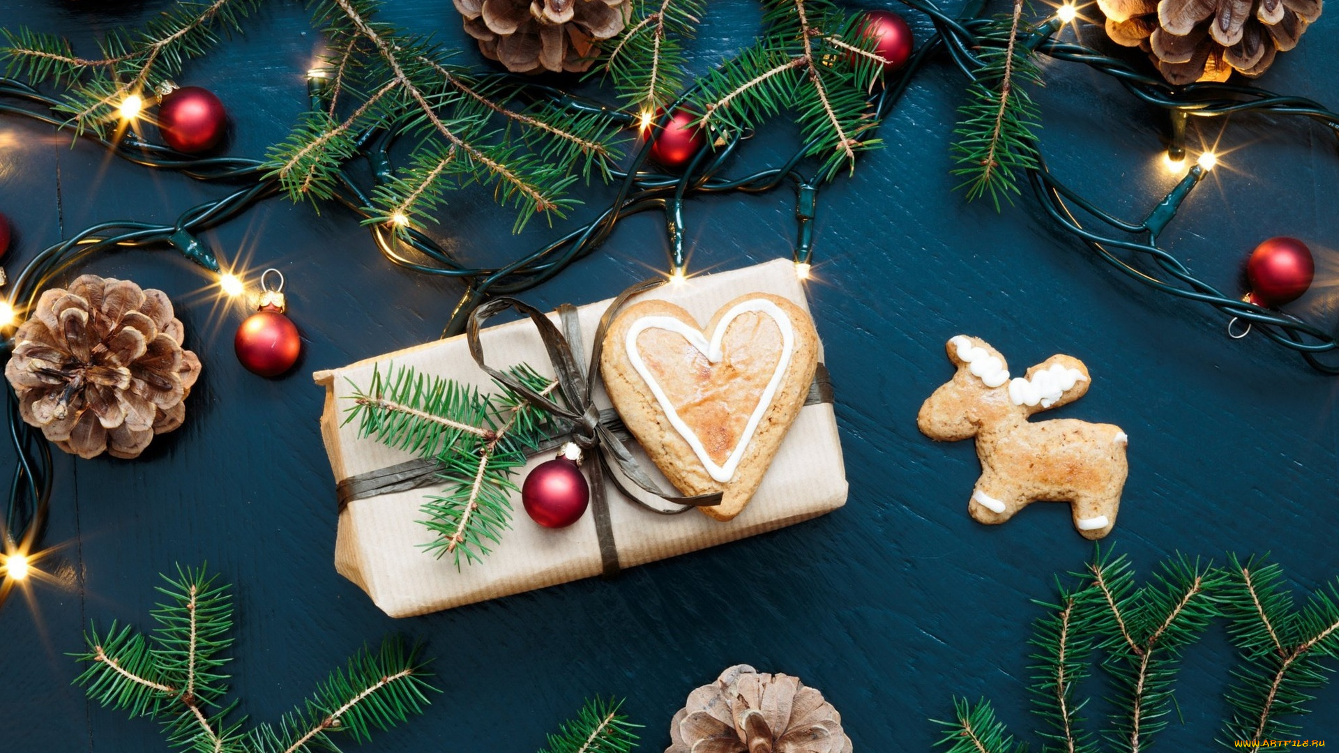 праздничные, подарки, и, коробочки, ёлка, шарики, ветки, подарок, пряники, шишки, гирлянда