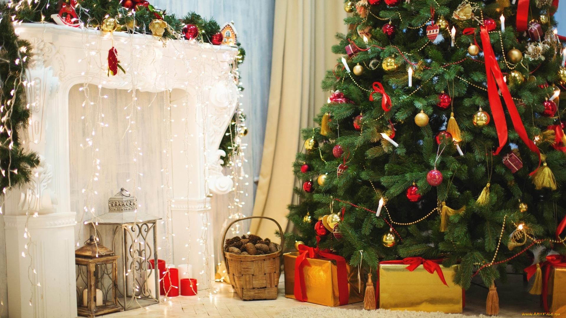 праздничные, Ёлки, корзина, подарки, ёлка, коробки, камин, шишки