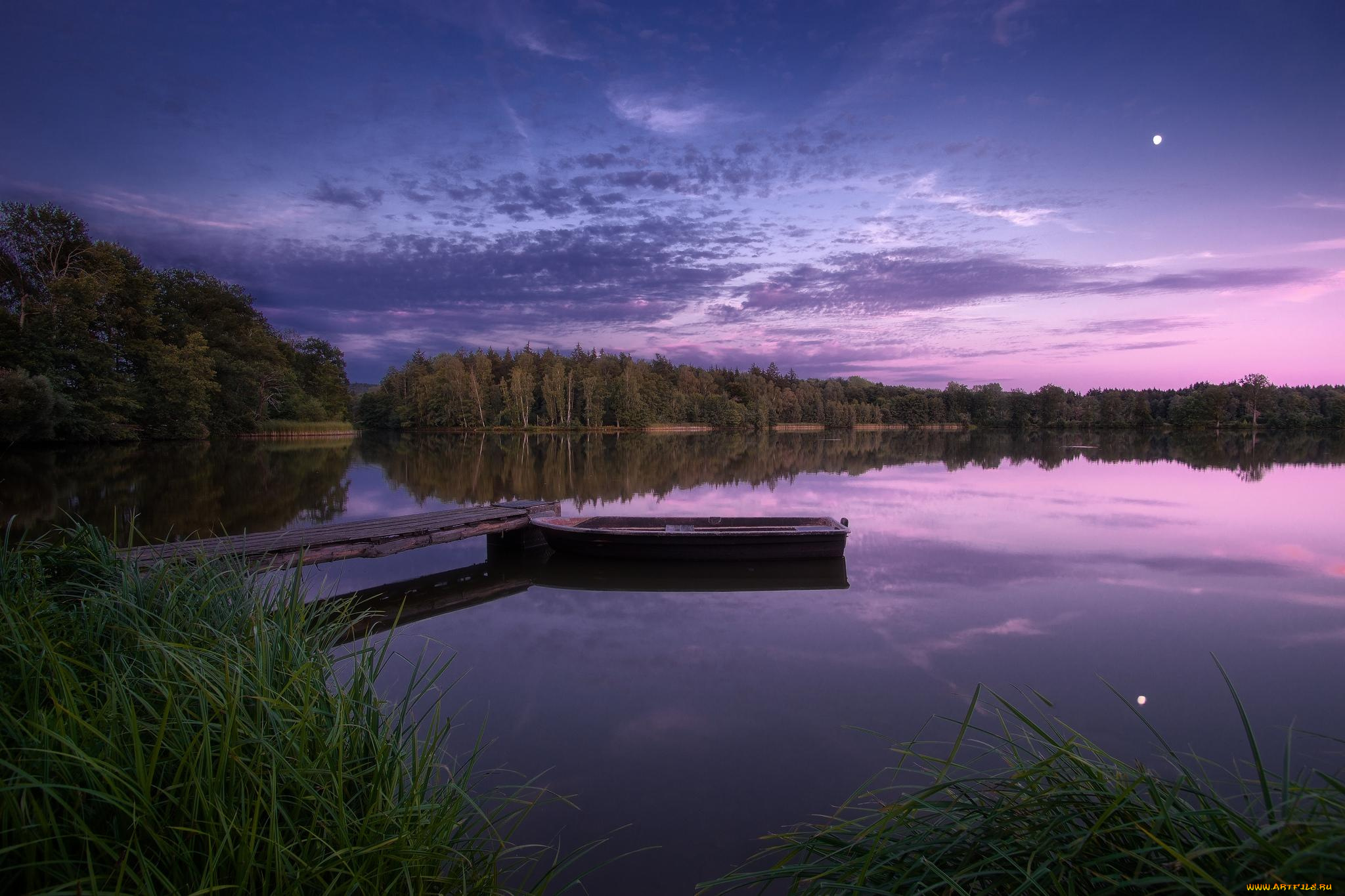 корабли, лодки, , шлюпки, лес, закат, мостик, озеро, лодка