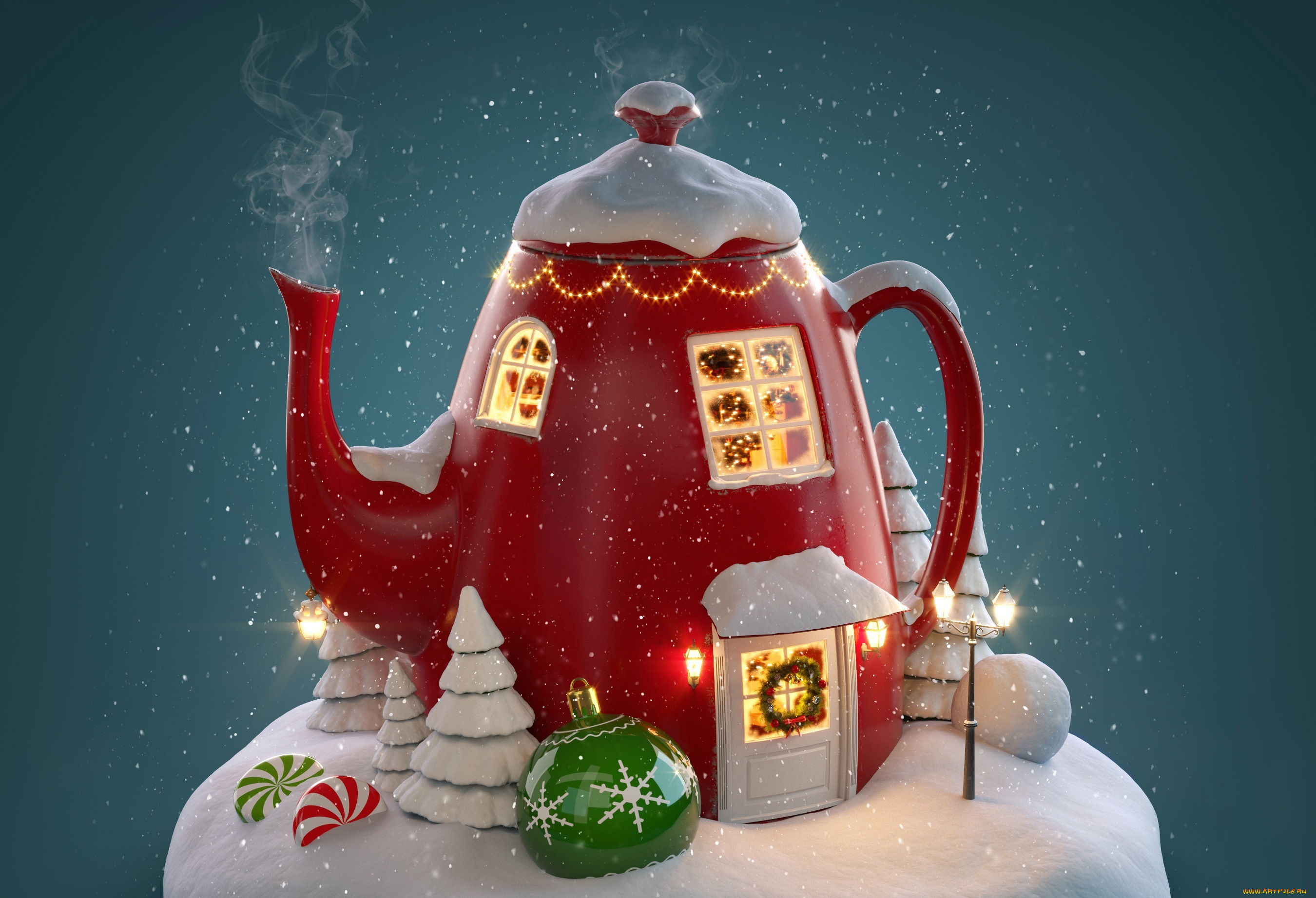 праздничные, 3д, графика, , новый, год, чайник