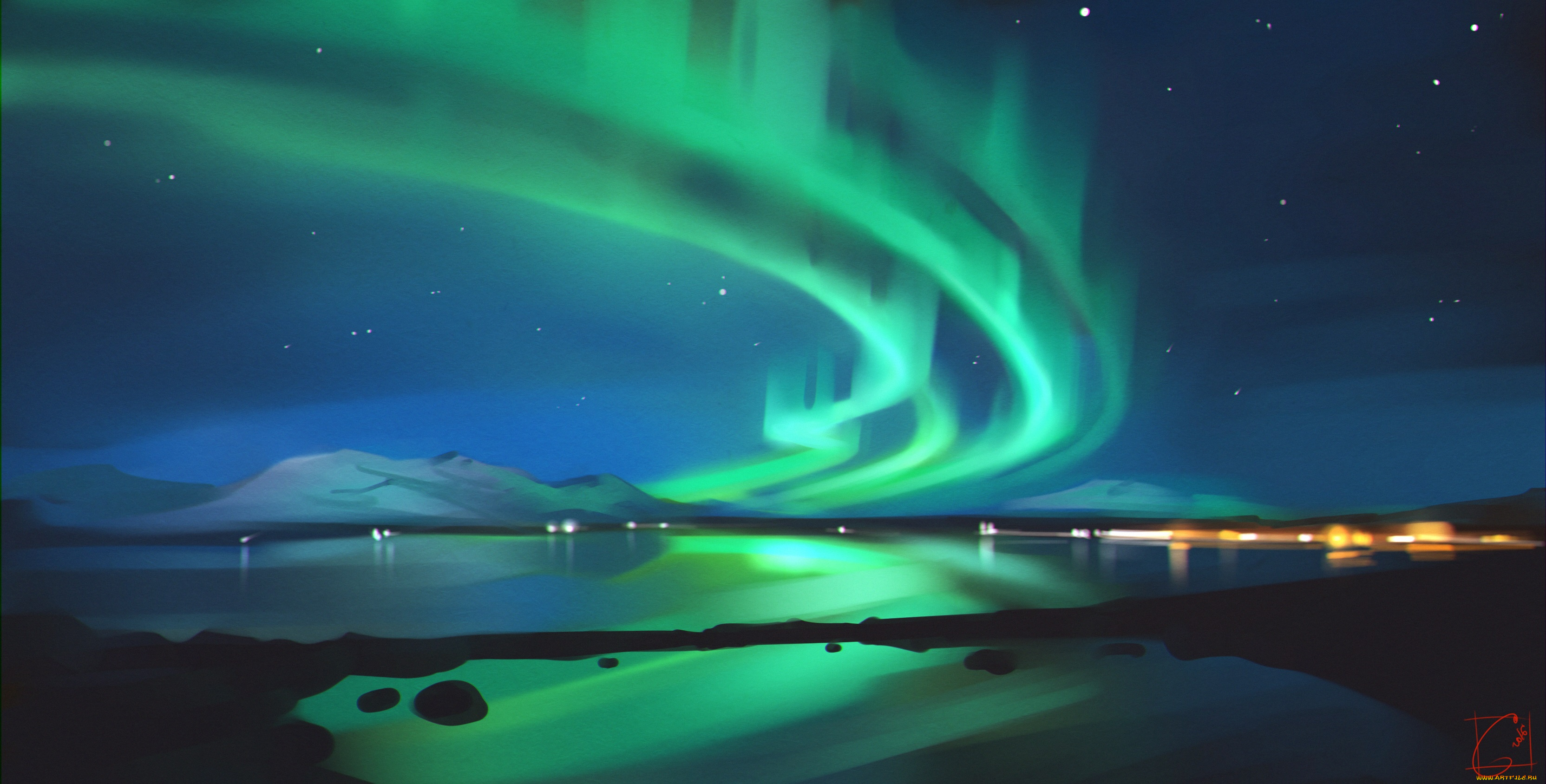 рисованное, природа, сияние