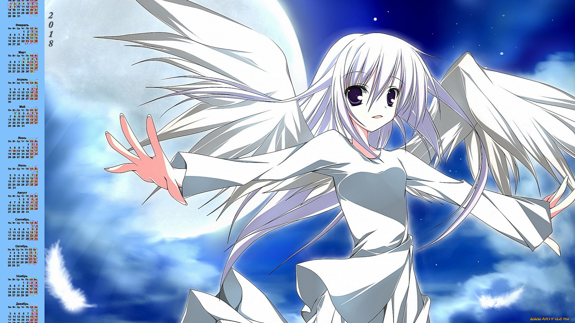 календари, аниме, 2018, девушка, взгляд, крылья