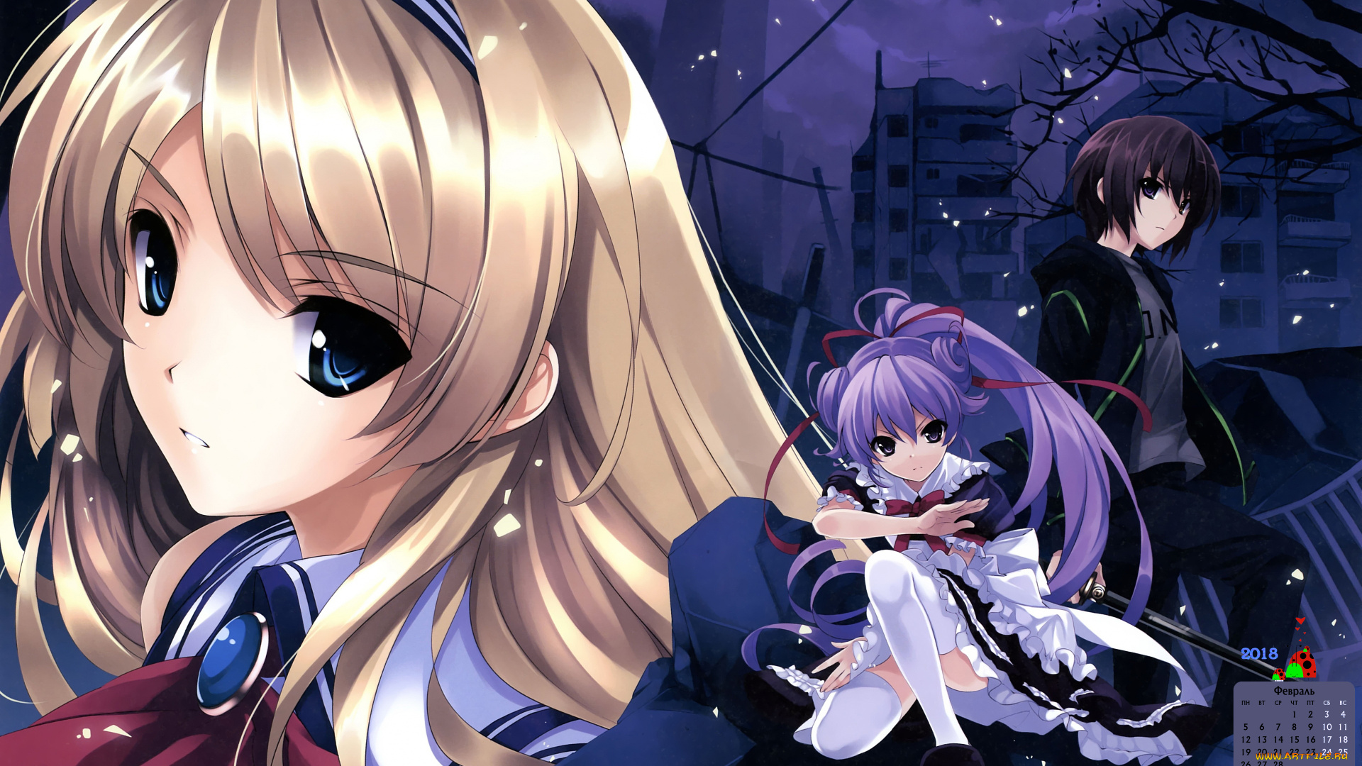 календари, аниме, 2018, девушка, взгляд, парень, здание