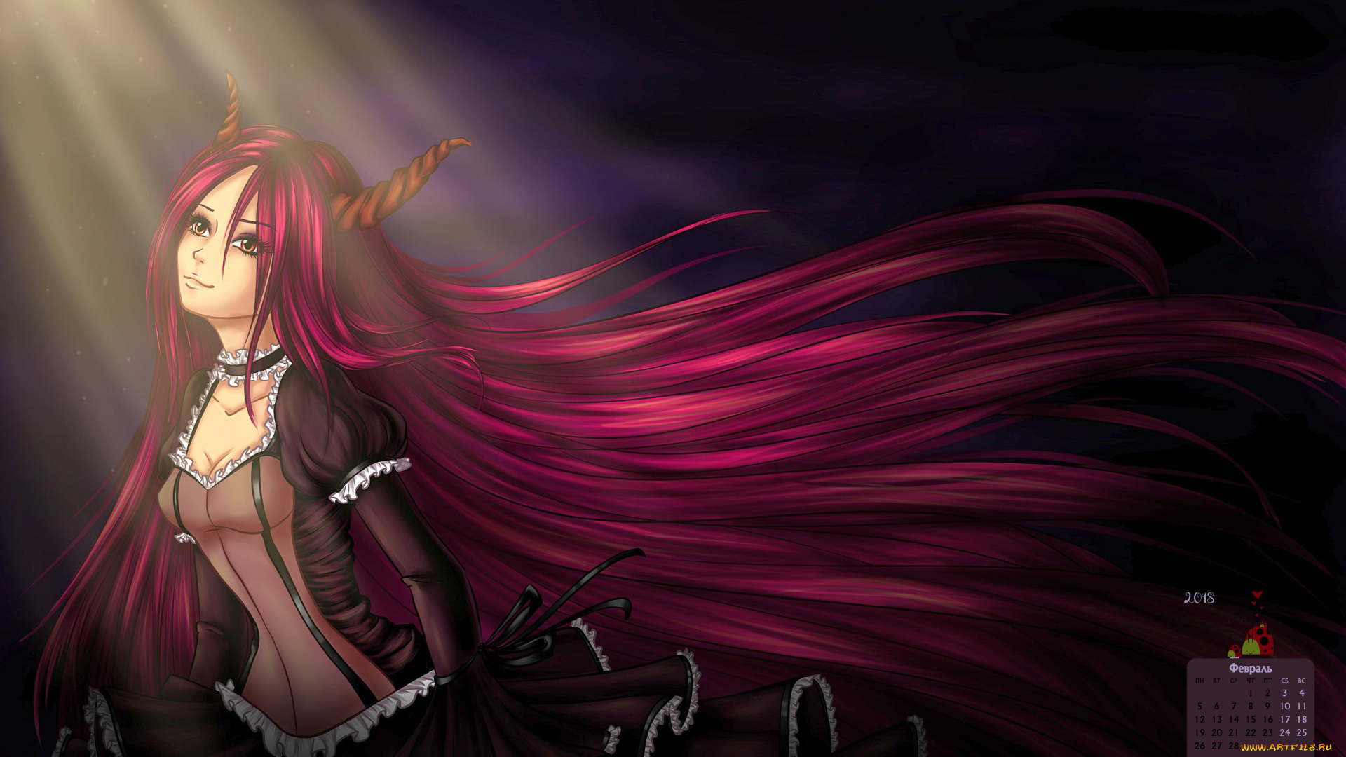 календари, аниме, девушка, 2018, взгляд, рога