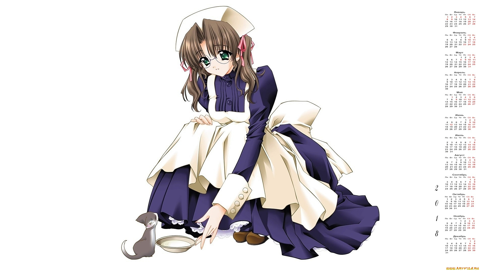 календари, аниме, девушка, взгляд, 2018, очки, кошка