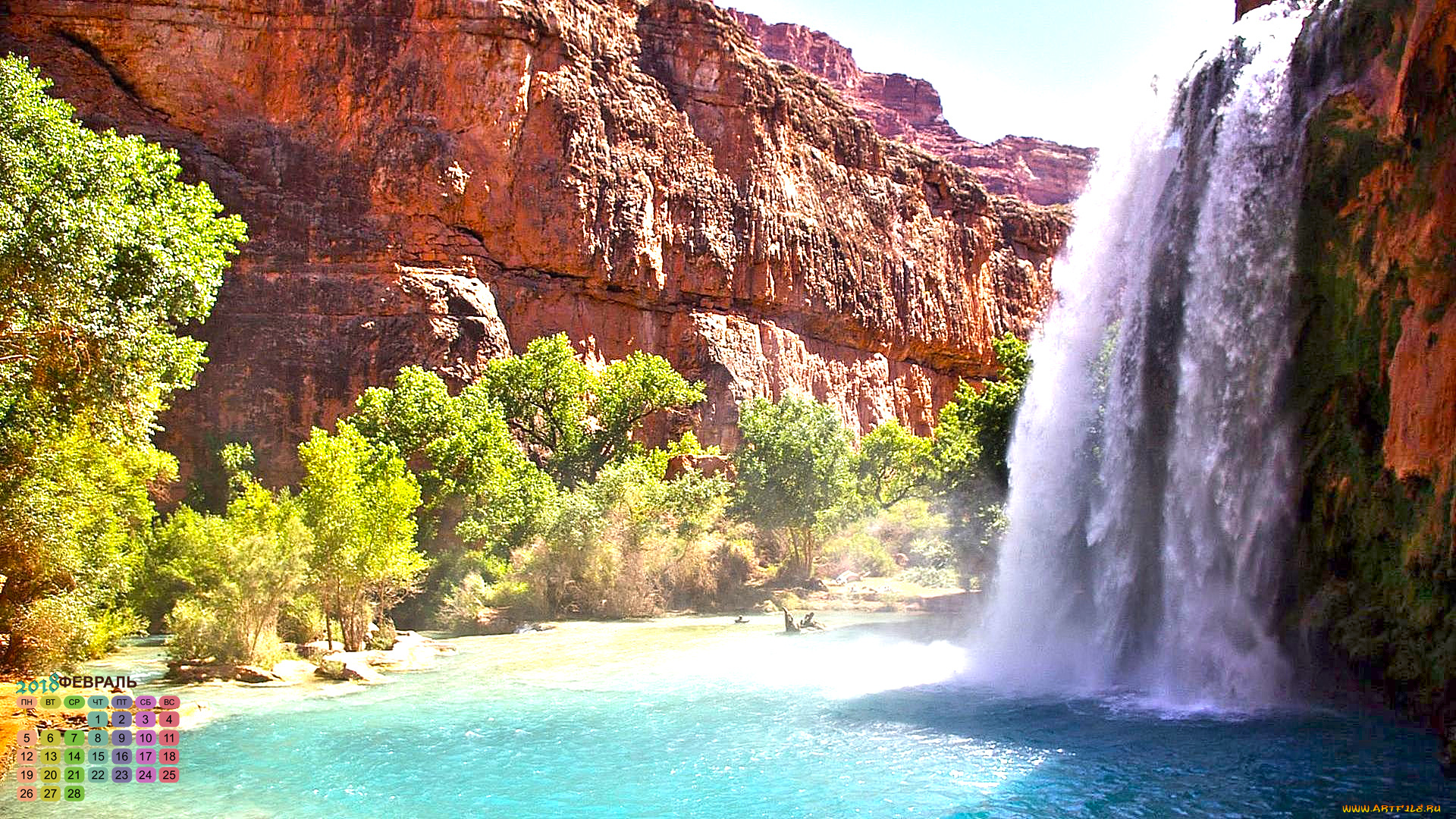 календари, природа, 2018, водопад, деревья