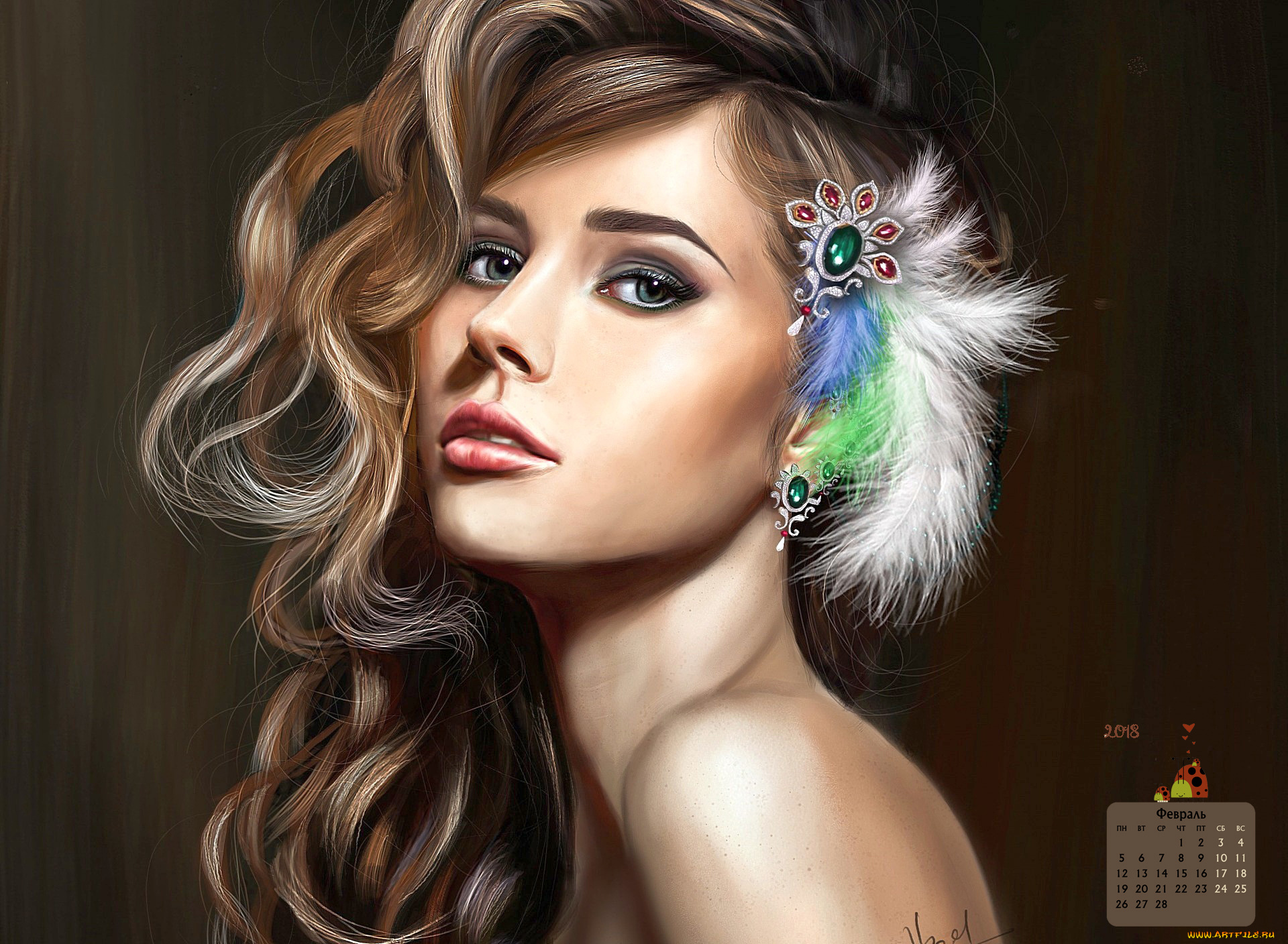 календари, рисованные, , векторная, графика, 2018, девушка, взгляд, лицо, украшение, макияж