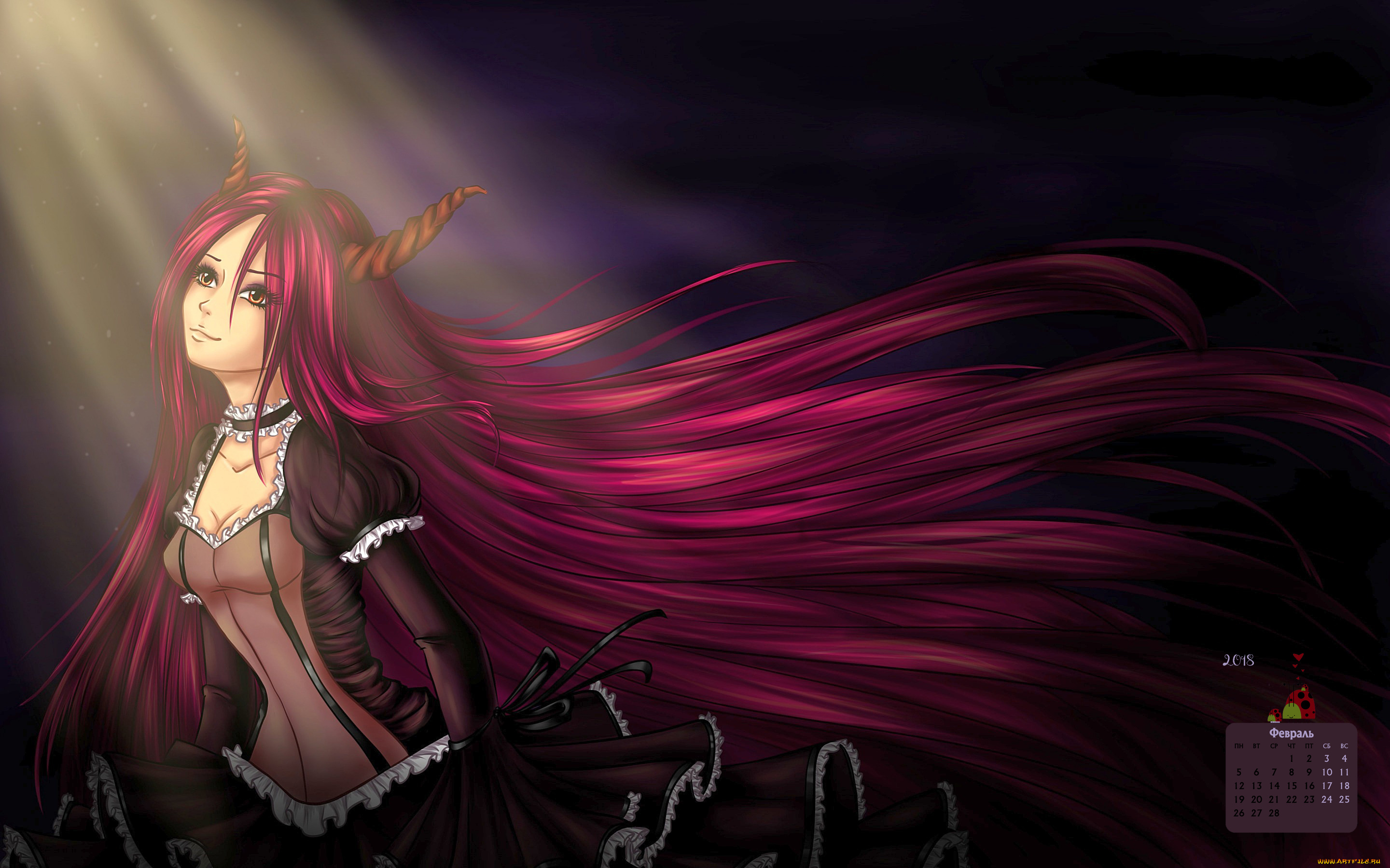 календари, аниме, девушка, 2018, взгляд, рога