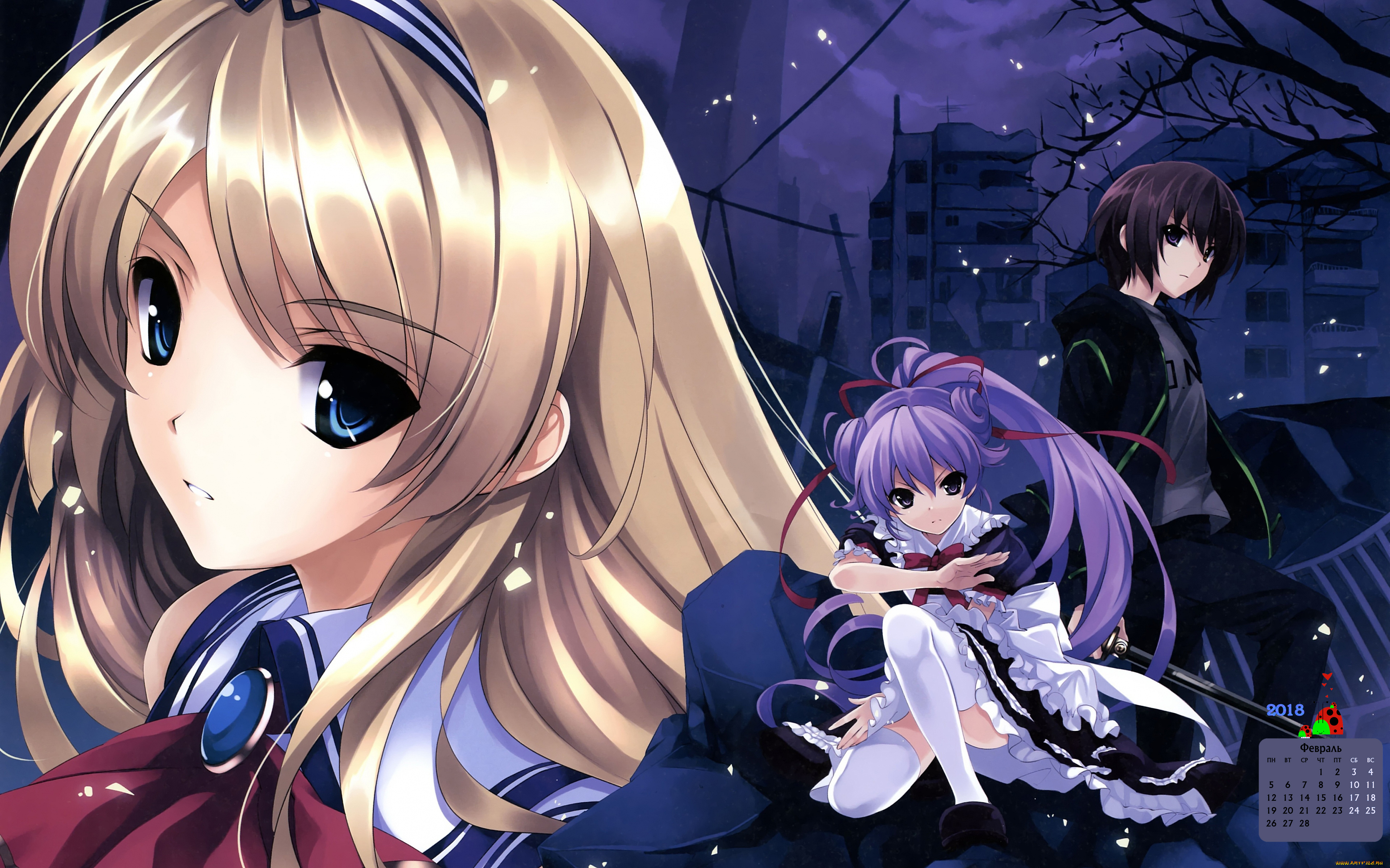 календари, аниме, 2018, девушка, взгляд, парень, здание