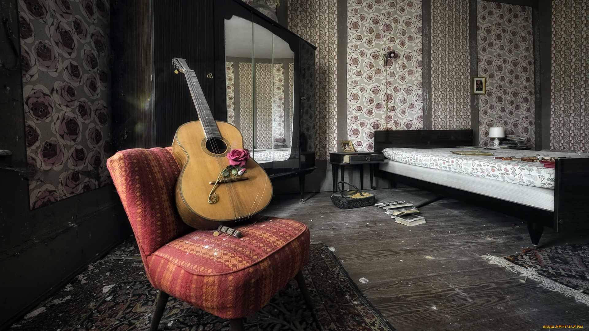 музыка, -музыкальные, инструменты, роза, кресло, гитара